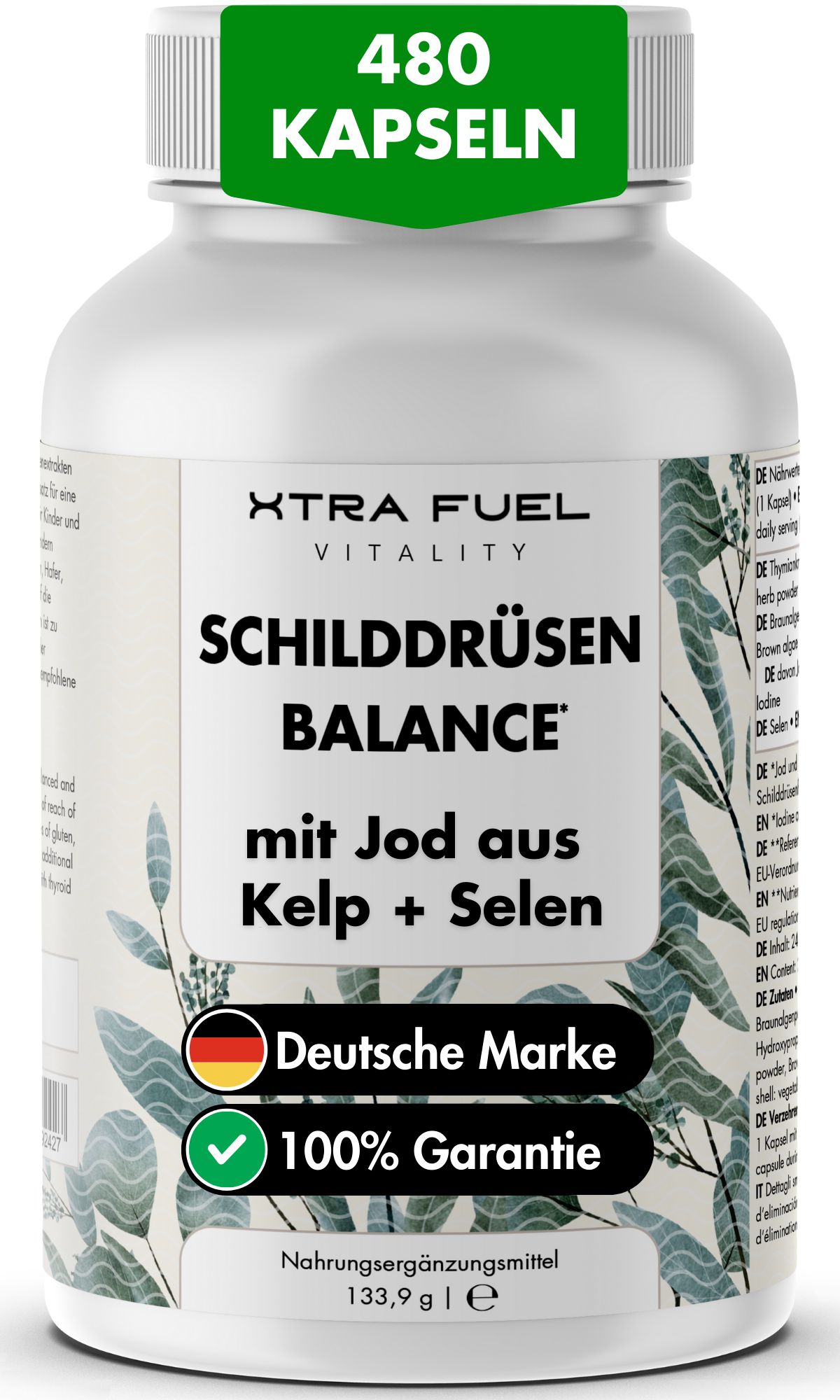 Weiße Flasche mit Kapseln. Aufschrift: XTRA FUEL Schilddrüsen Balance. Enthält Jod aus Kelp und Selen. 480 Kapseln.