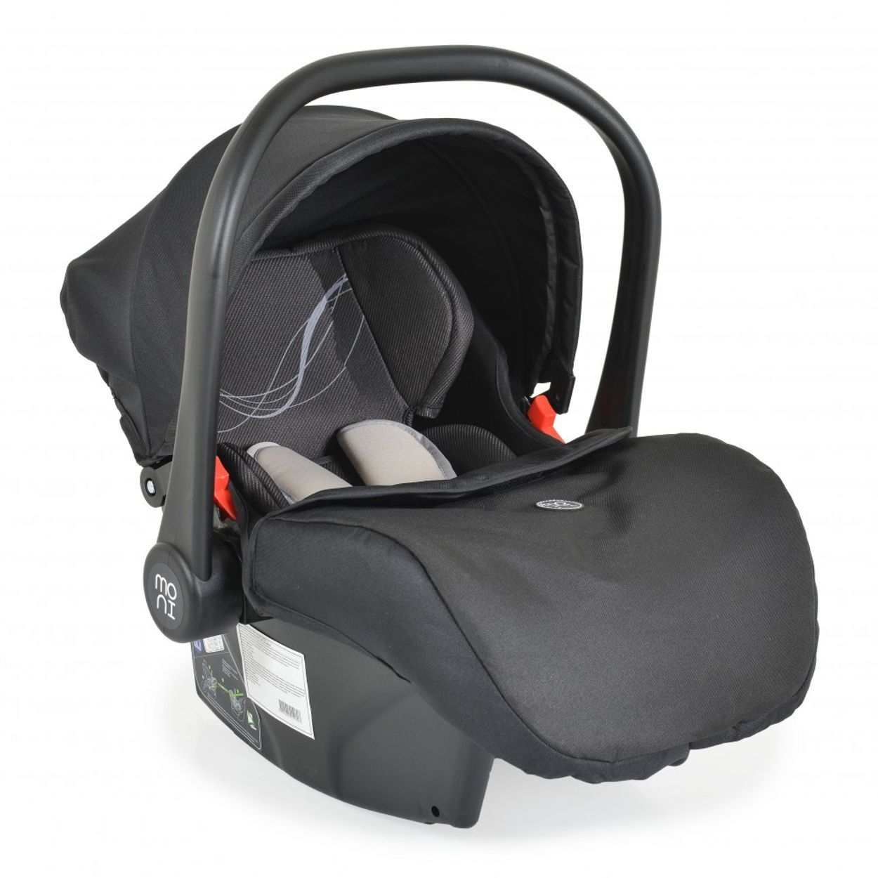 Baby-Autositz mit Verdeck und Basisstation, beige und schwarz.