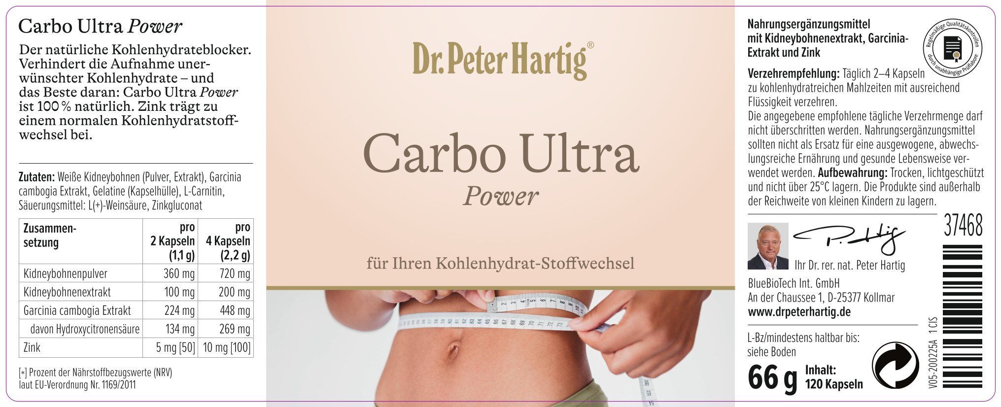 Etikett einer Flasche. Oben steht "Dr. Peter Hartig Carbo Ultra Power". Darunter eine Frau, die ihren Bauch misst. Text und Nährwertangaben.