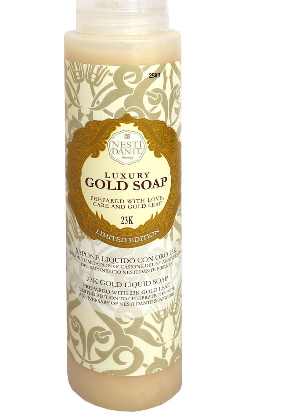 Goldfarbene Flüssigseife in einer Flasche. Aufschrift: Luxury Gold Soap, 23K, Limited Edition. Marke: Nesti Dante.
