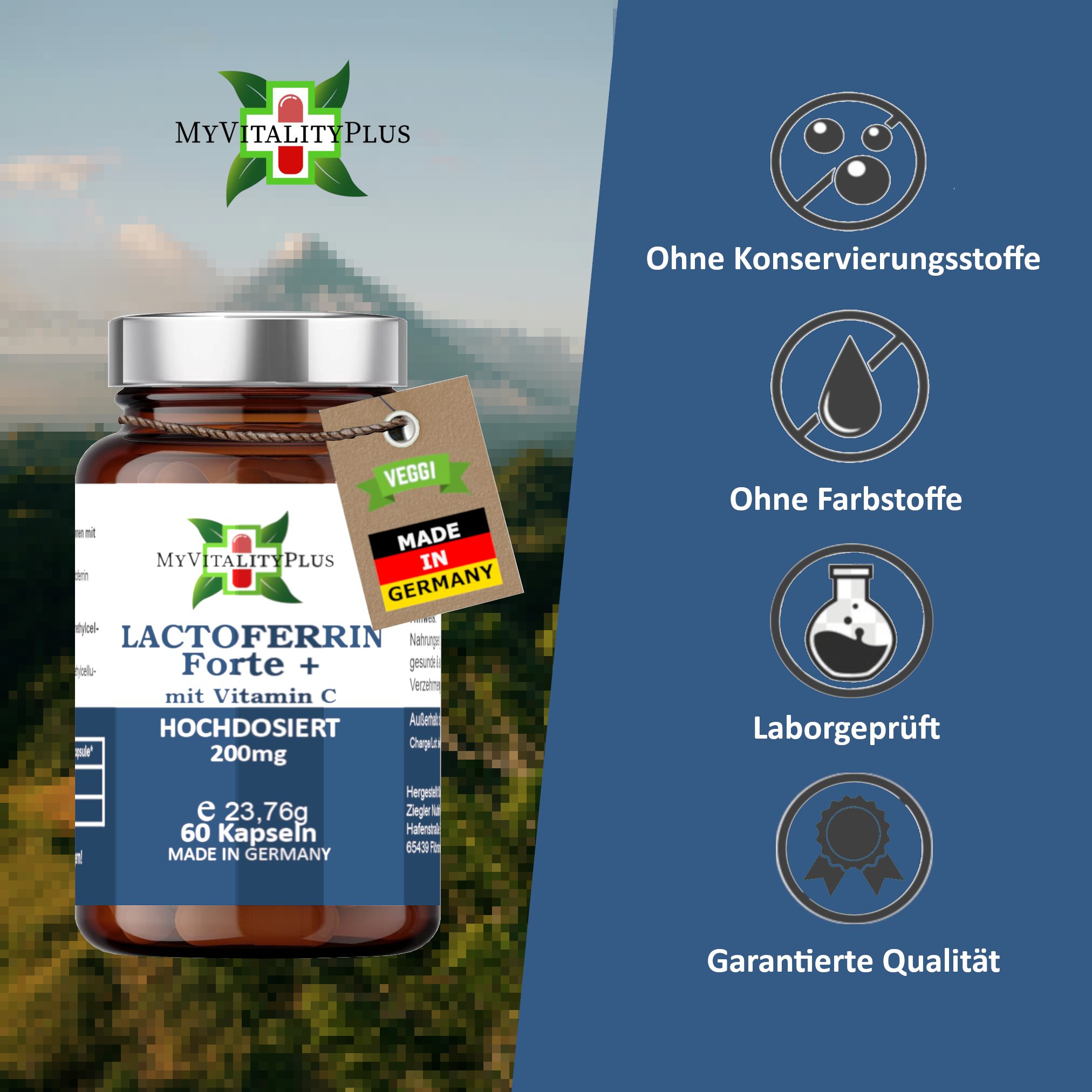 Braune Glasflasche mit Kapseln und Anhänger. Aufschrift: Lactoferrin Forte + Vitamin C, 200mg, 60 Kapseln. Made in Germany. Veggi. Qualitätsmerkmale.