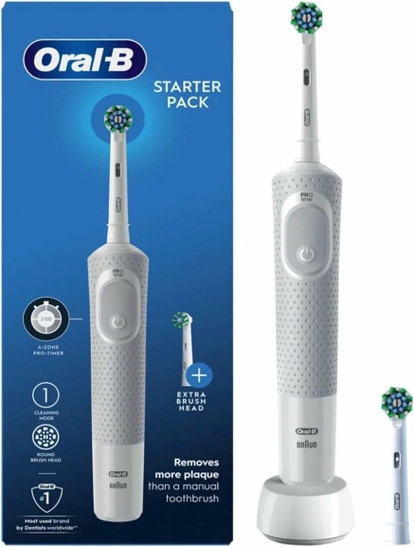 Elektrische Zahnbürste mit Ladestation und Ersatzbürste. Auf der Verpackung steht "Oral-B Starter Pack".