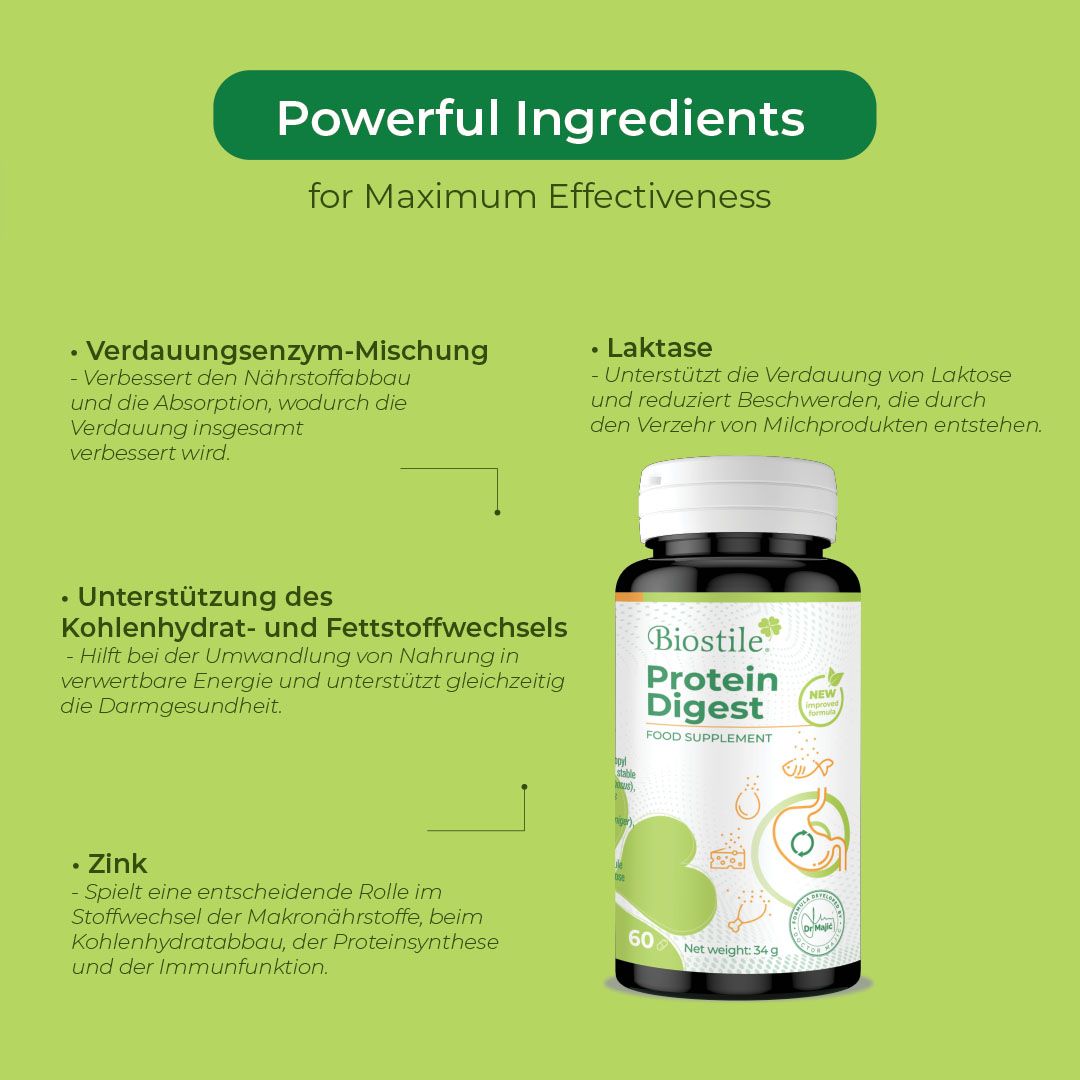 Flasche Biostile Protein Digest neben Text. Text: Verdauungsenzym-Mischung, Laktase, Unterstützung des Kohlenhydrat- und Fettstoffwechsels, Zink.