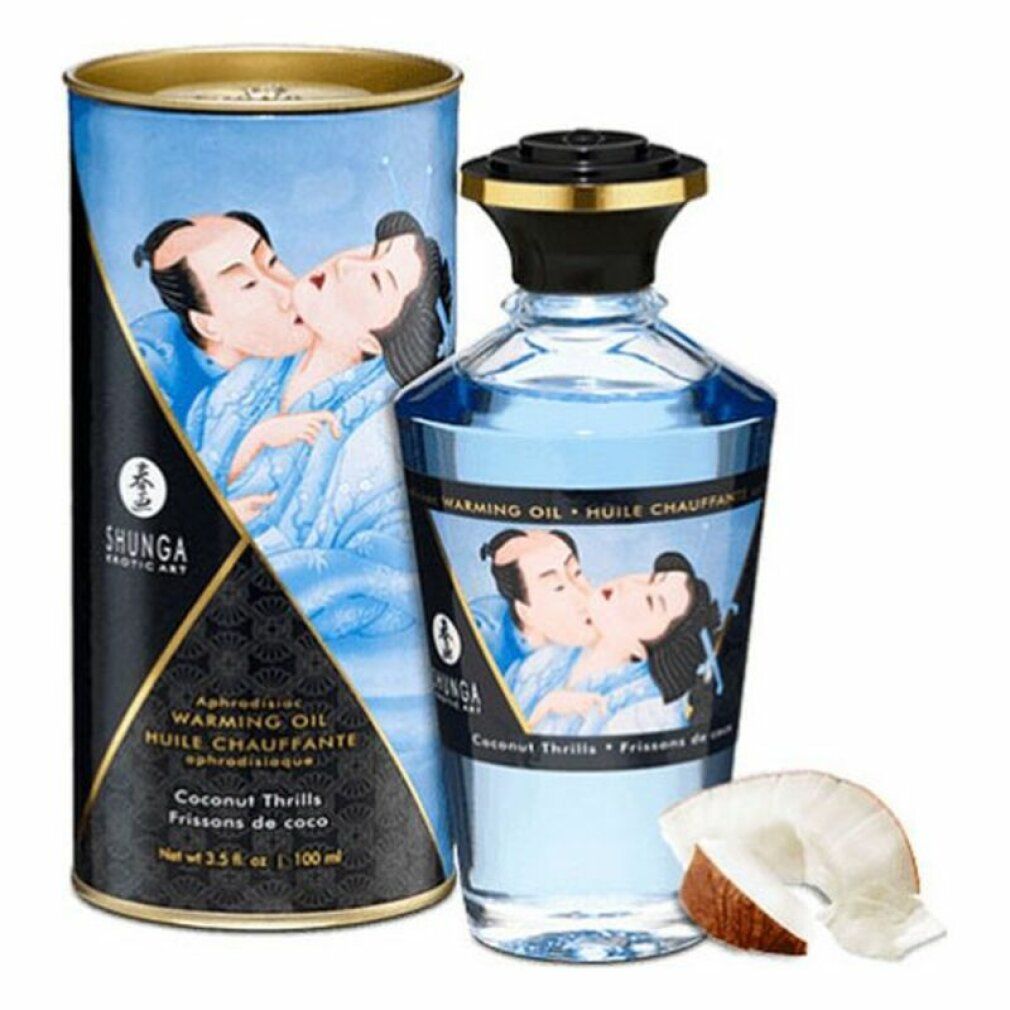 Cilindrische doos en fles met blauwe olie. Opschrift: Shunga, Warming Oil, Coconut Thrills. Kokosnootstuk.