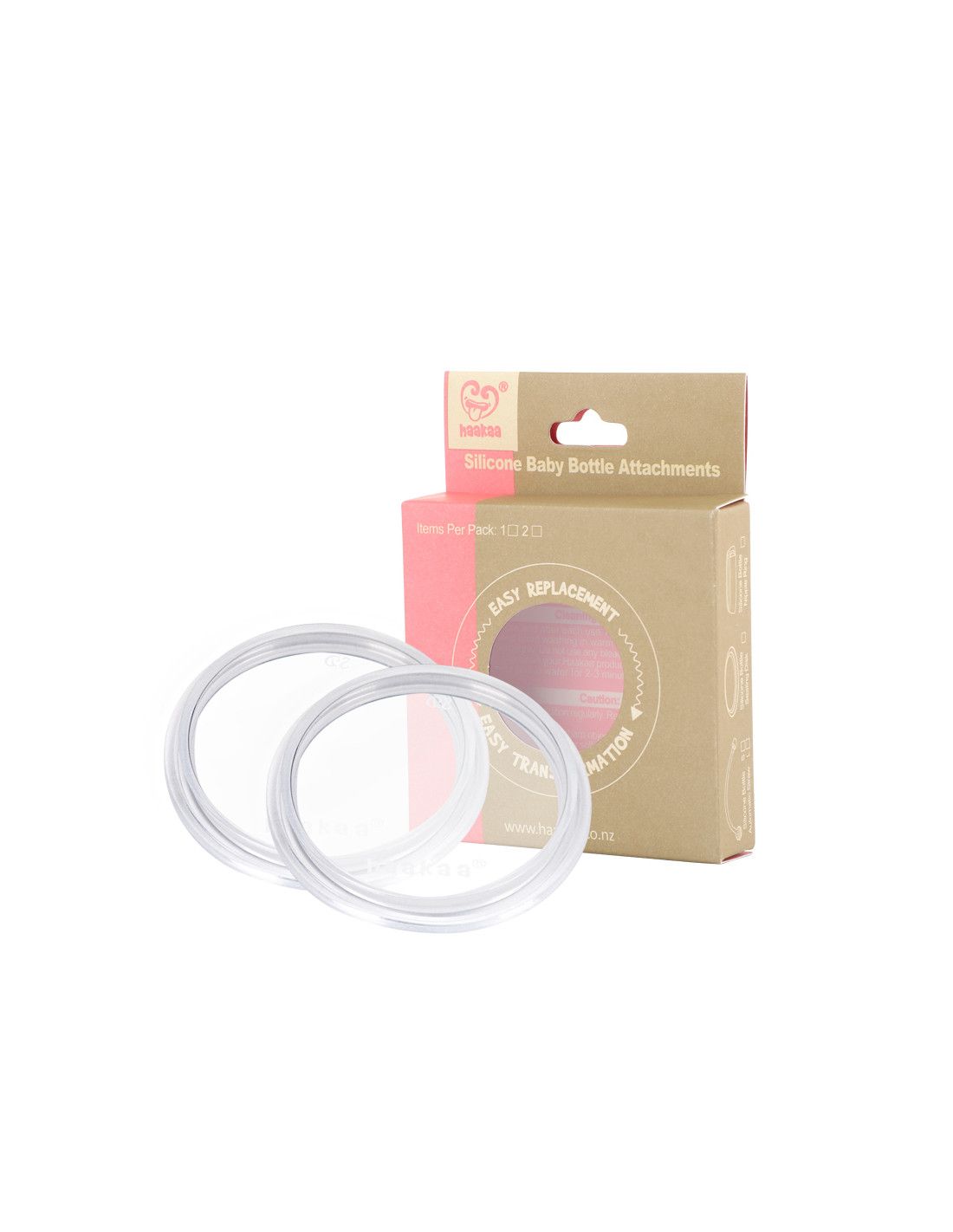 Zwei transparente Silikon-Verschlussdeckel neben einer Produktverpackung. Auf der Verpackung steht 'Silicone Baby Bottle Attachments'.