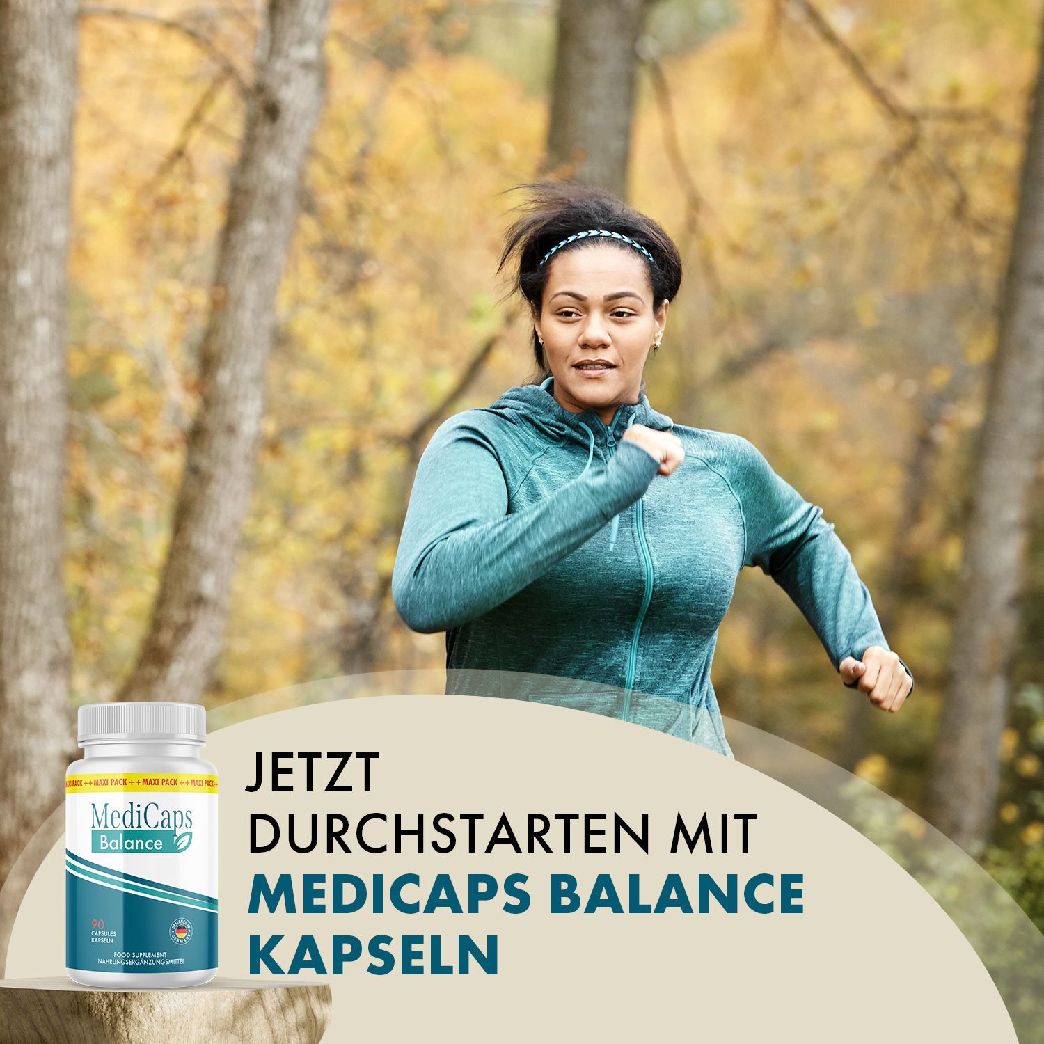 Läuferin im Wald neben einer Dose MediCaps Balance Kapseln.