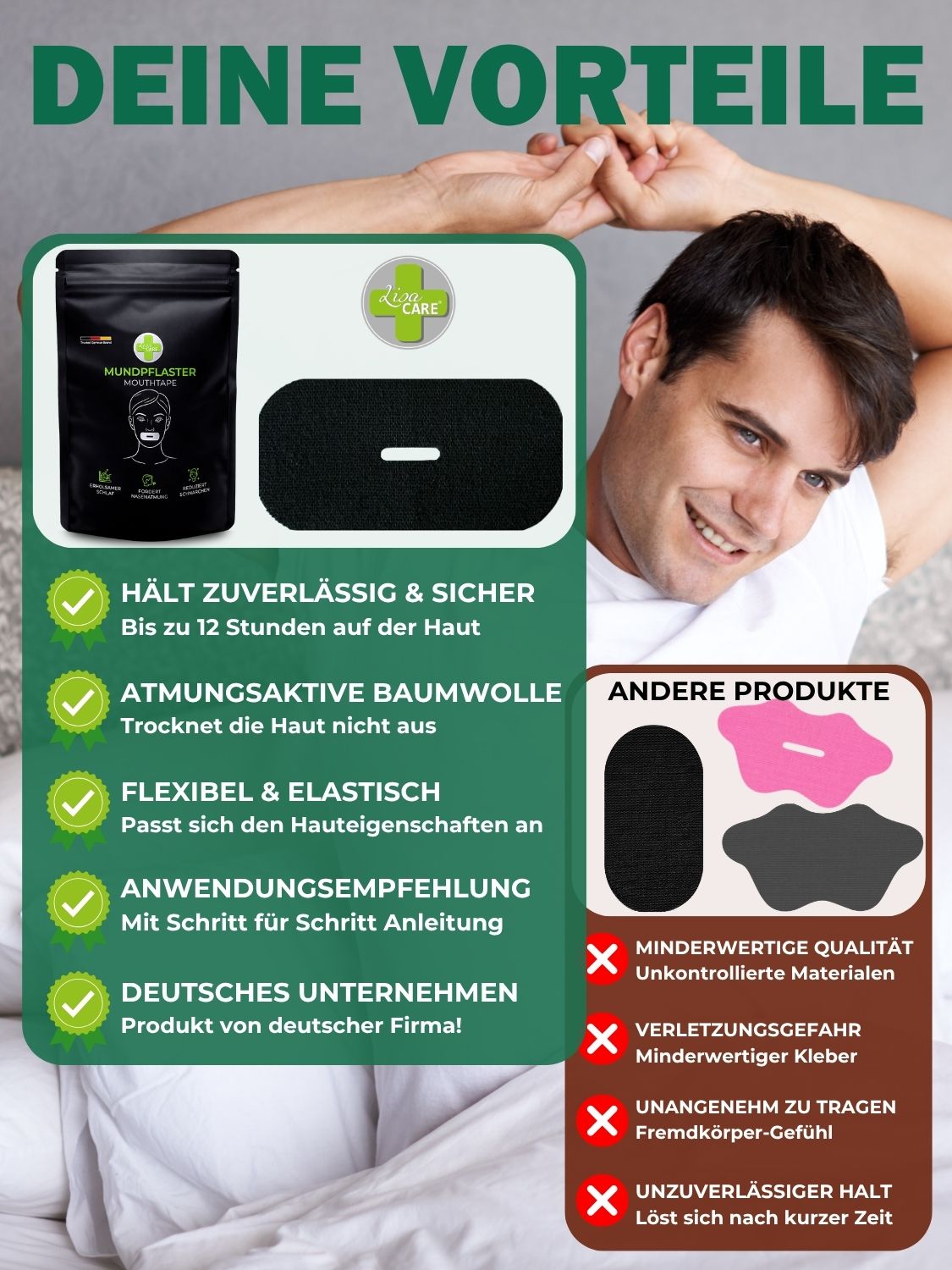 Produktvergleich: Mundpflaster vs. andere Produkte. Vorteile: sicherer Halt, atmungsaktiv, flexibel, Anwendungsempfehlung.