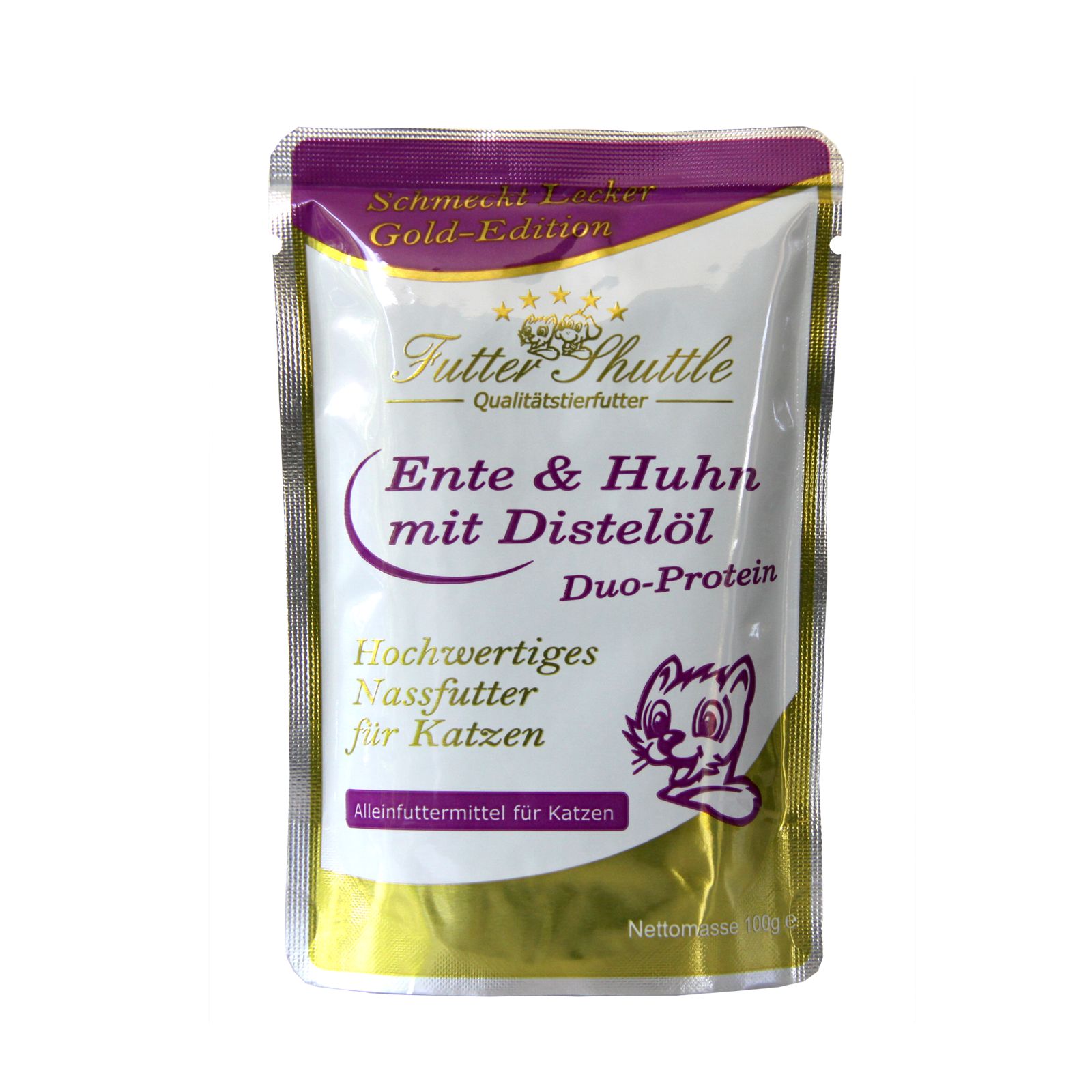 Beutel Katzen Nassfutter, Gold Edition, Ente & Huhn mit Distelöl. Duo-Protein. Hochwertiges Nassfutter für Katzen. Alleinfuttermittel.