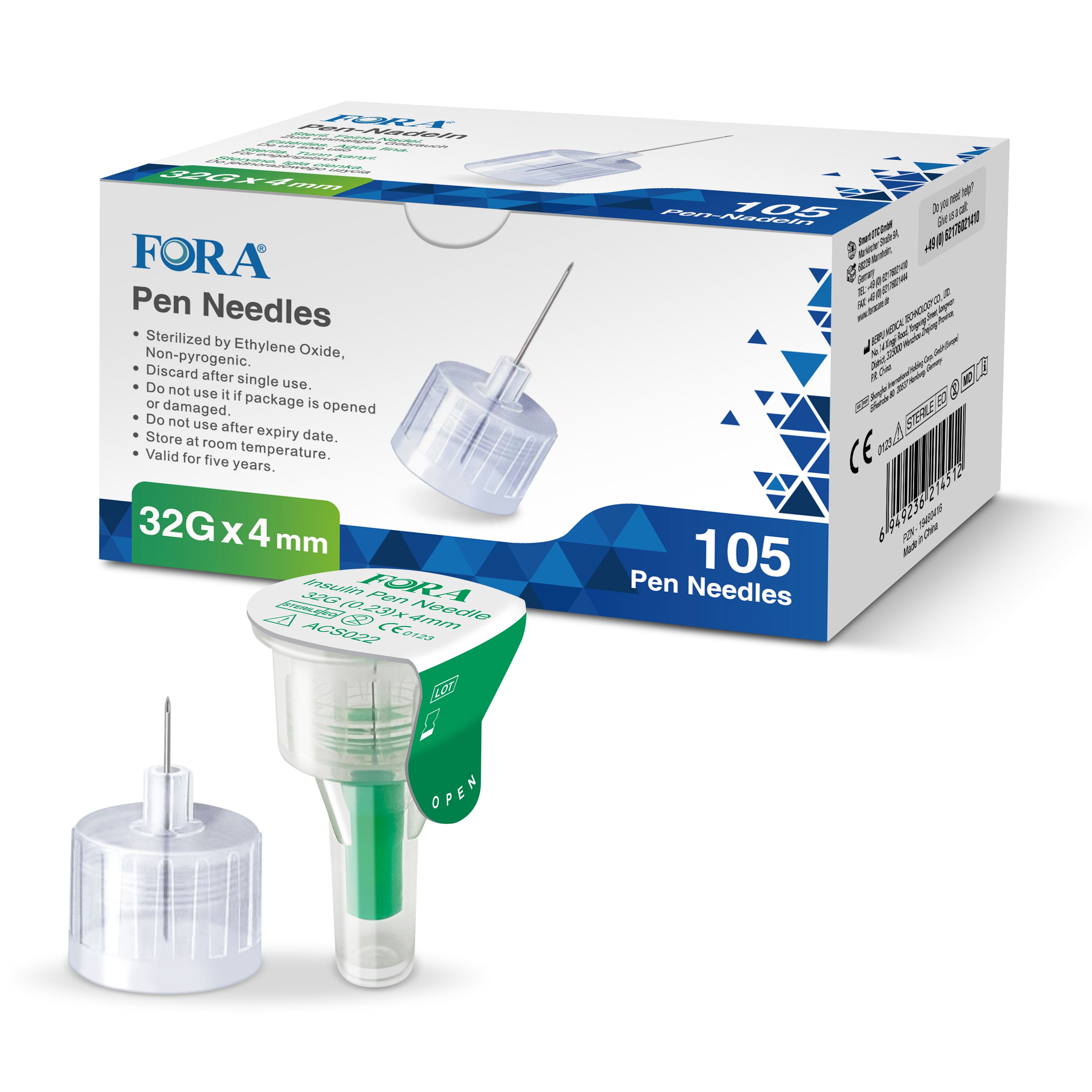 Verpackung mit FORA Pen Needles. 32G x 4mm Nadeln, 105 Stück. Einzelne Nadel und Pen-Nadel mit grünem Teil. CE-Kennzeichnung.