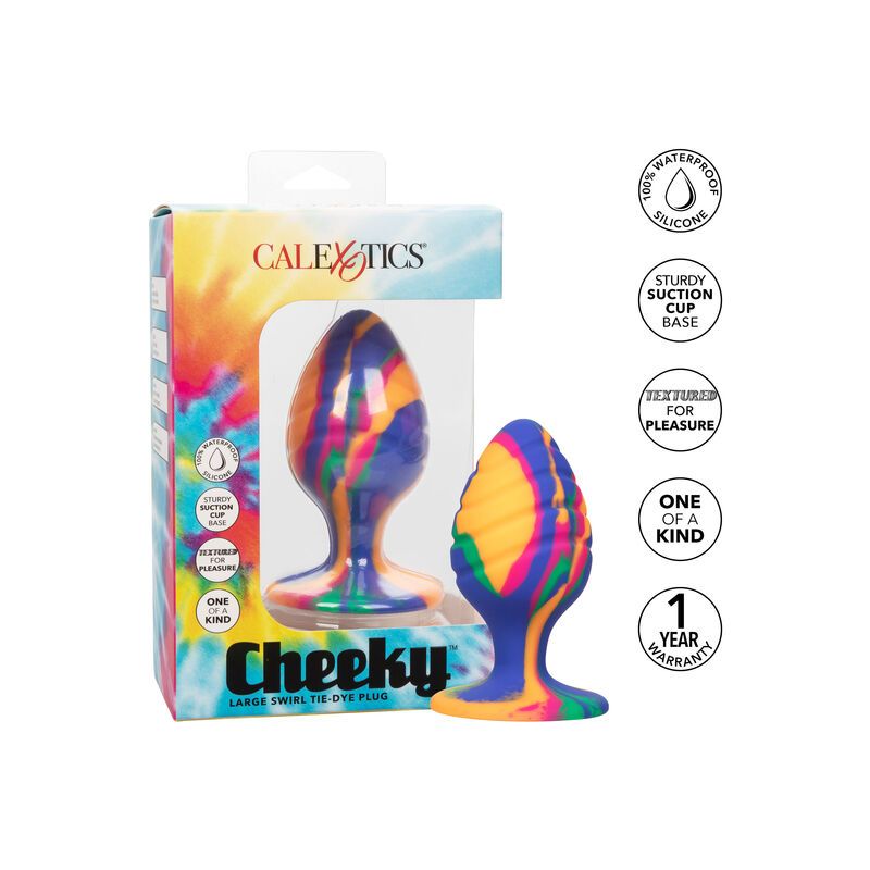 Verpackung mit Analplug. Marke Calexotics. Farben: Pink, Grün, Blau und Orange. Mit Saugnapf.