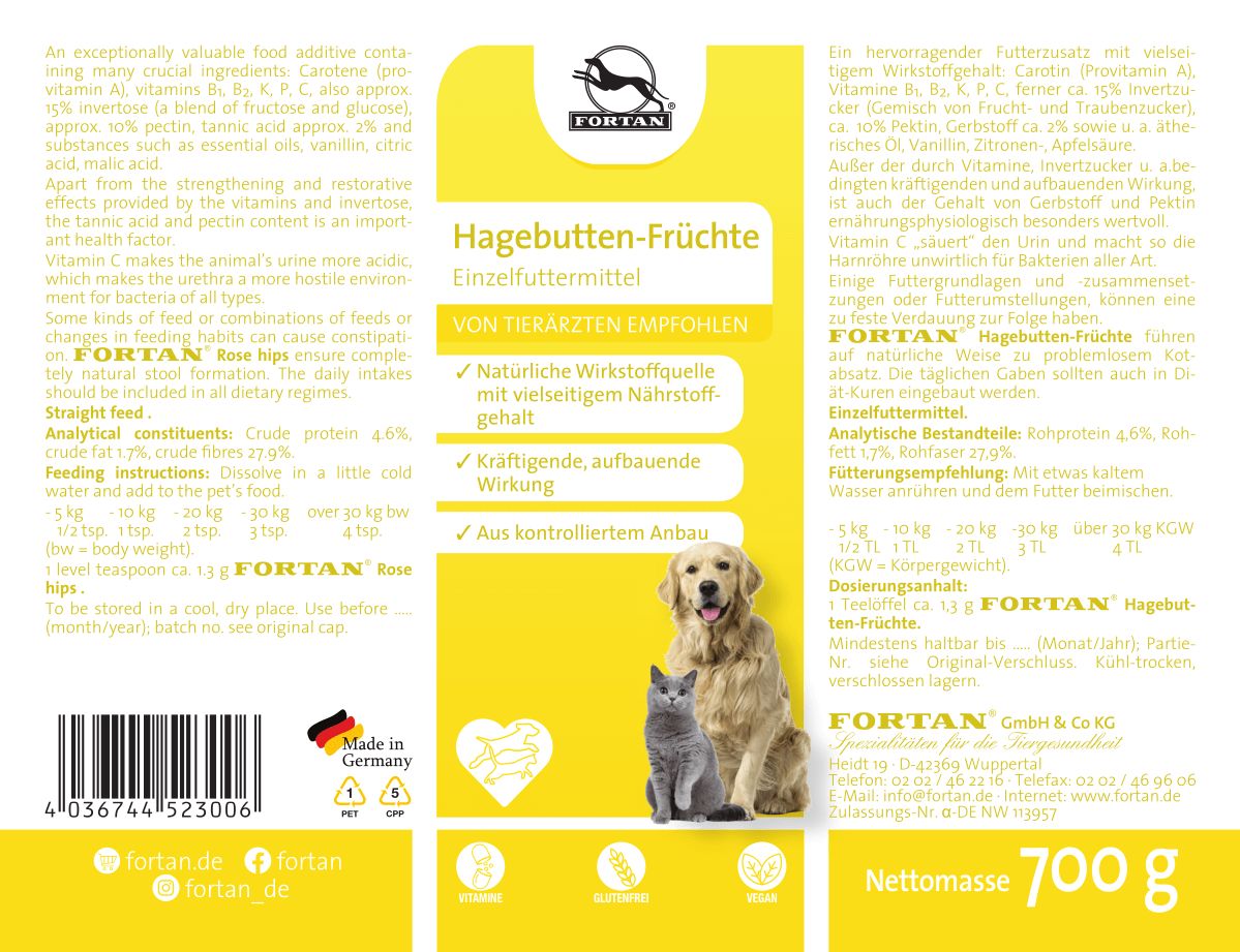 Nahaufnahme des Etiketts. Produktname, Logo, Informationen zu Inhaltsstoffen und Dosierung. Hergestellt in Deutschland.