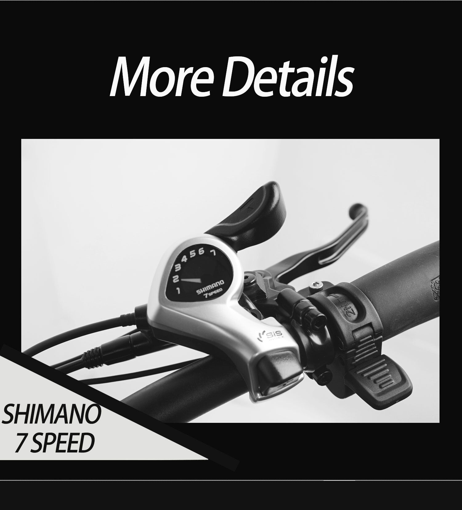 Nahaufnahme des Lenkers eines E-Bikes. Shimano 7-Gang-Schaltung.