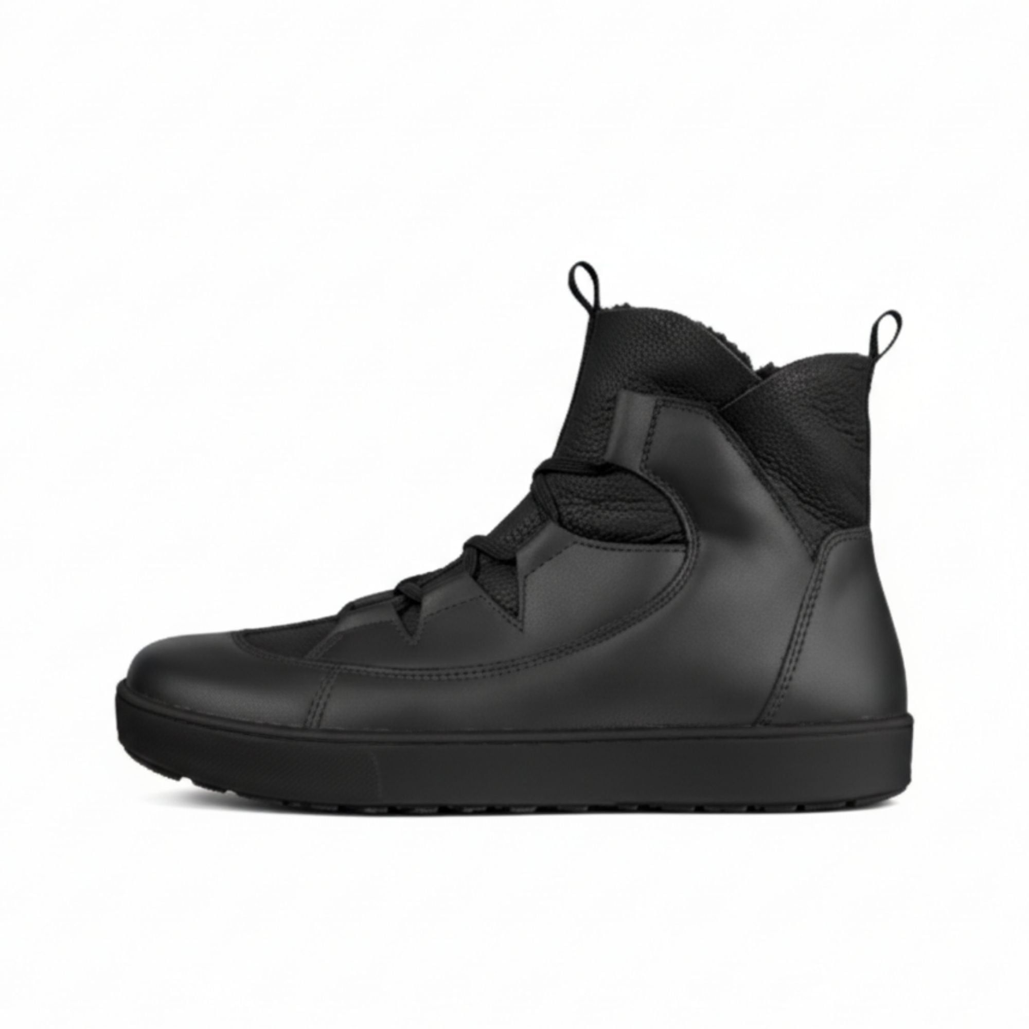 Seitenansicht einer schwarzen Damen-Stiefelette aus Leder mit Schnürung und Reißverschluss.