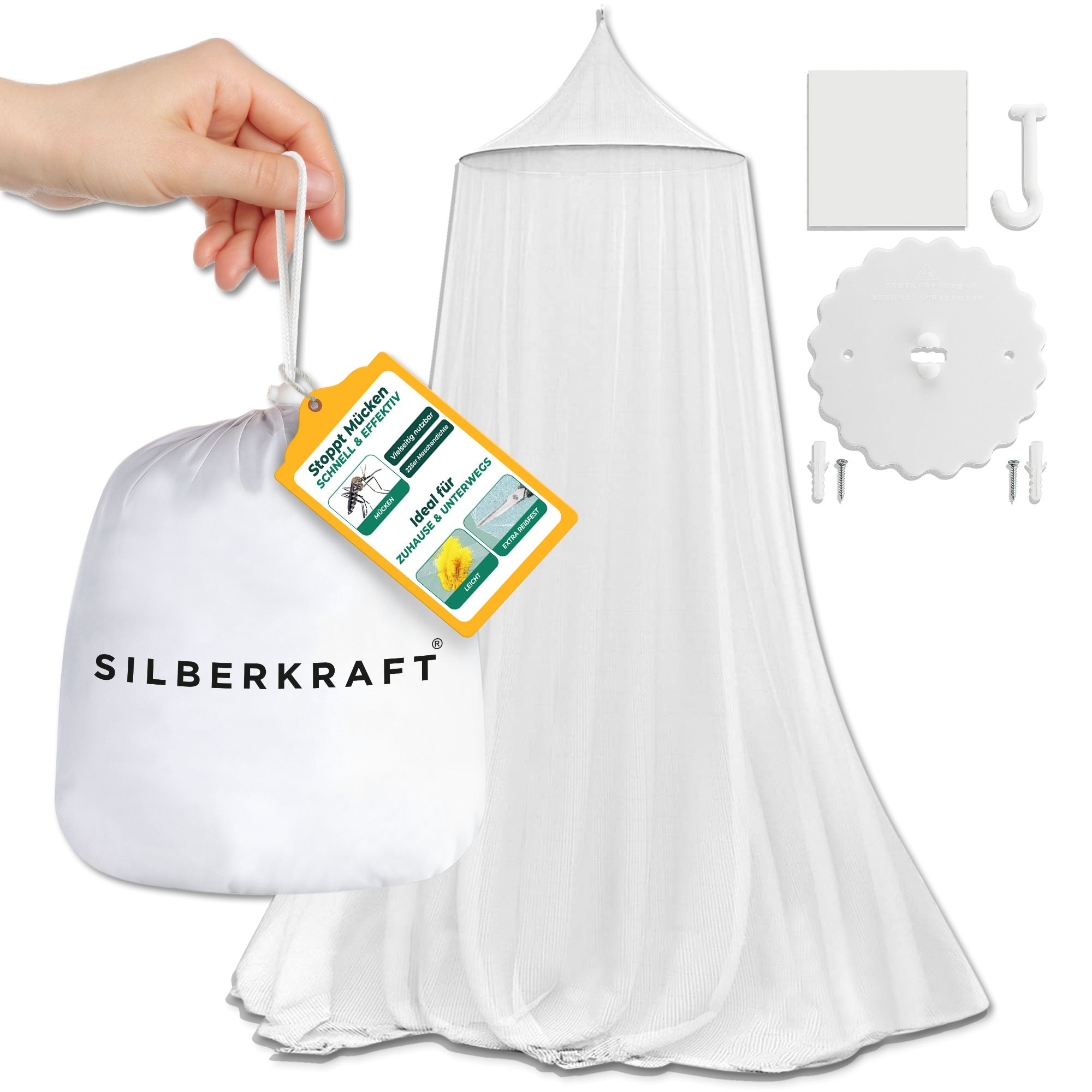 SILBERKRAFT Moskitonetz mit Klebehaken