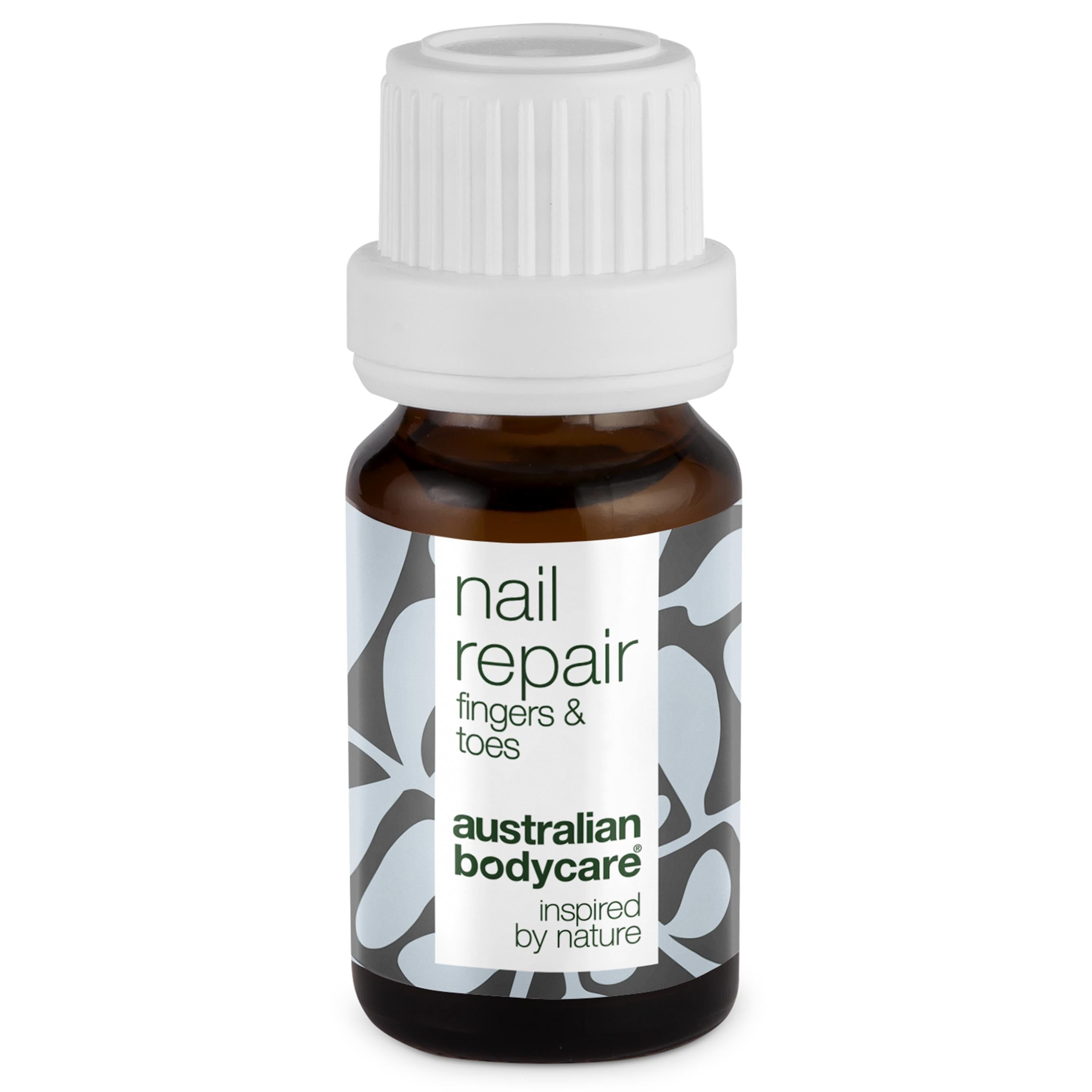 Braune Flasche mit weißem Deckel. Aufkleber mit "nail repair" und "australian bodycare".