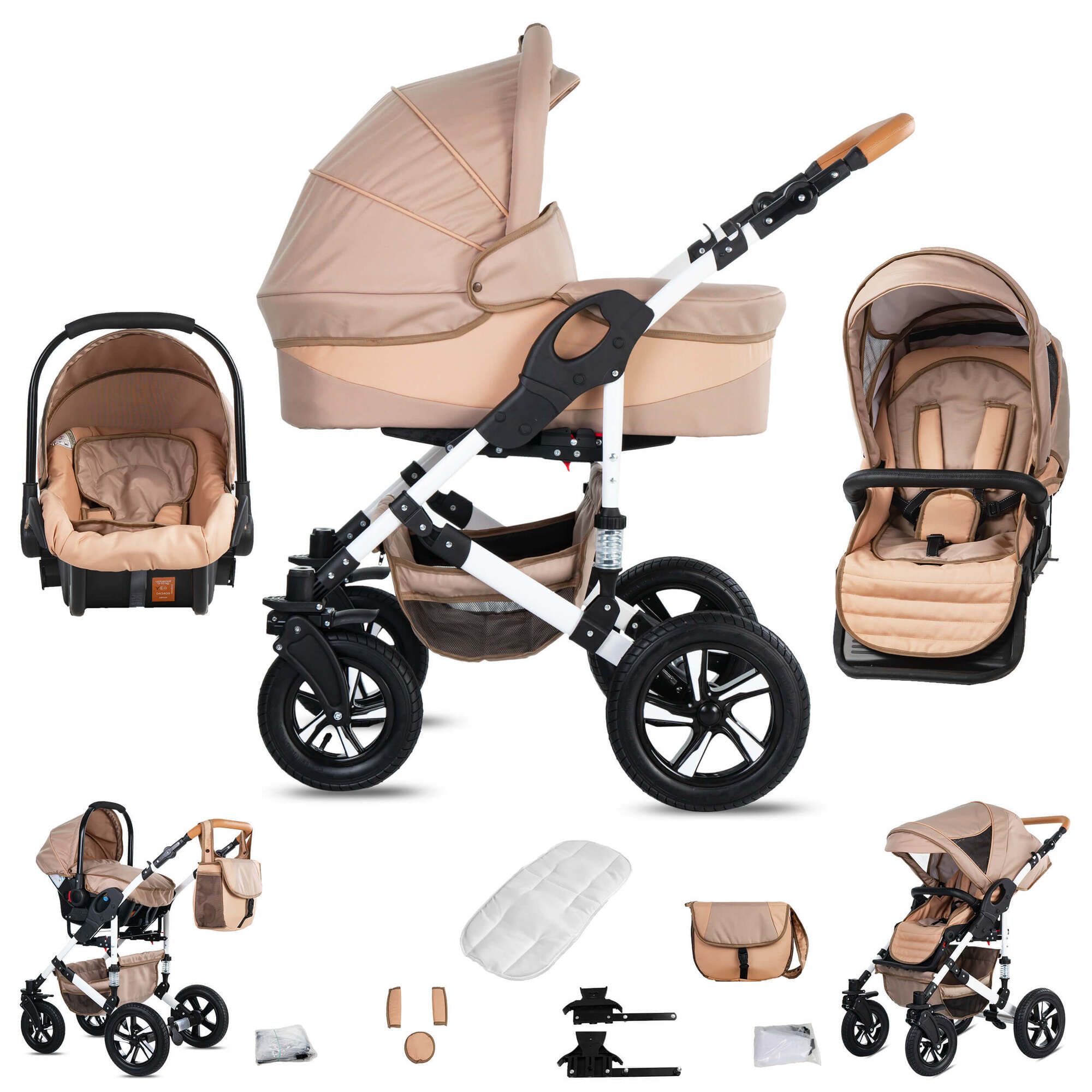 Friedrich Hugo Hamburg 3 in 1 Kinderwagen Komplettset Luftreifen, Beige & Oatmeal