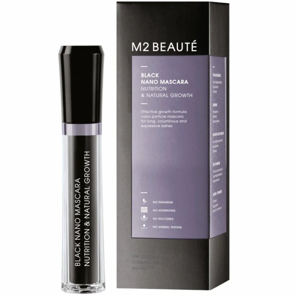 Mascara-Flakon und Schachtel. Schwarze Mascara mit schwarzem Deckel. Auf der Schachtel steht M2 BEAUTÉ und BLACK NANO MASCARA.