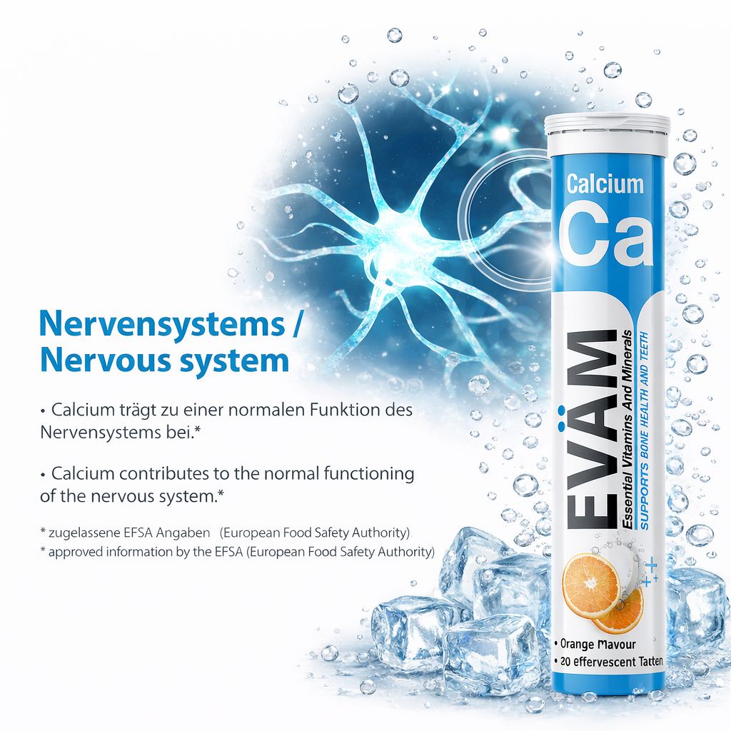 Calcium-Brausetabletten-Tube neben einem Nervensystem-Bild. Text: Calcium trägt zu einer normalen Funktion des Nervensystems bei. EFSA.