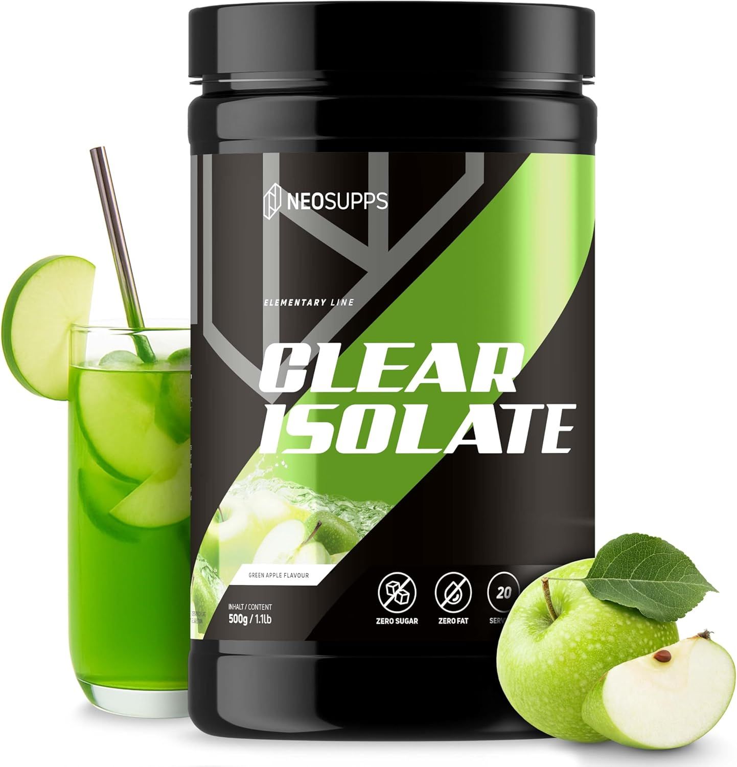 Schwarze Dose mit grünem Etikett. Aufschrift CLEAR ISOLATE und NEOSUPPS. Getränk mit Apfel, Apfelscheiben und Apfel.