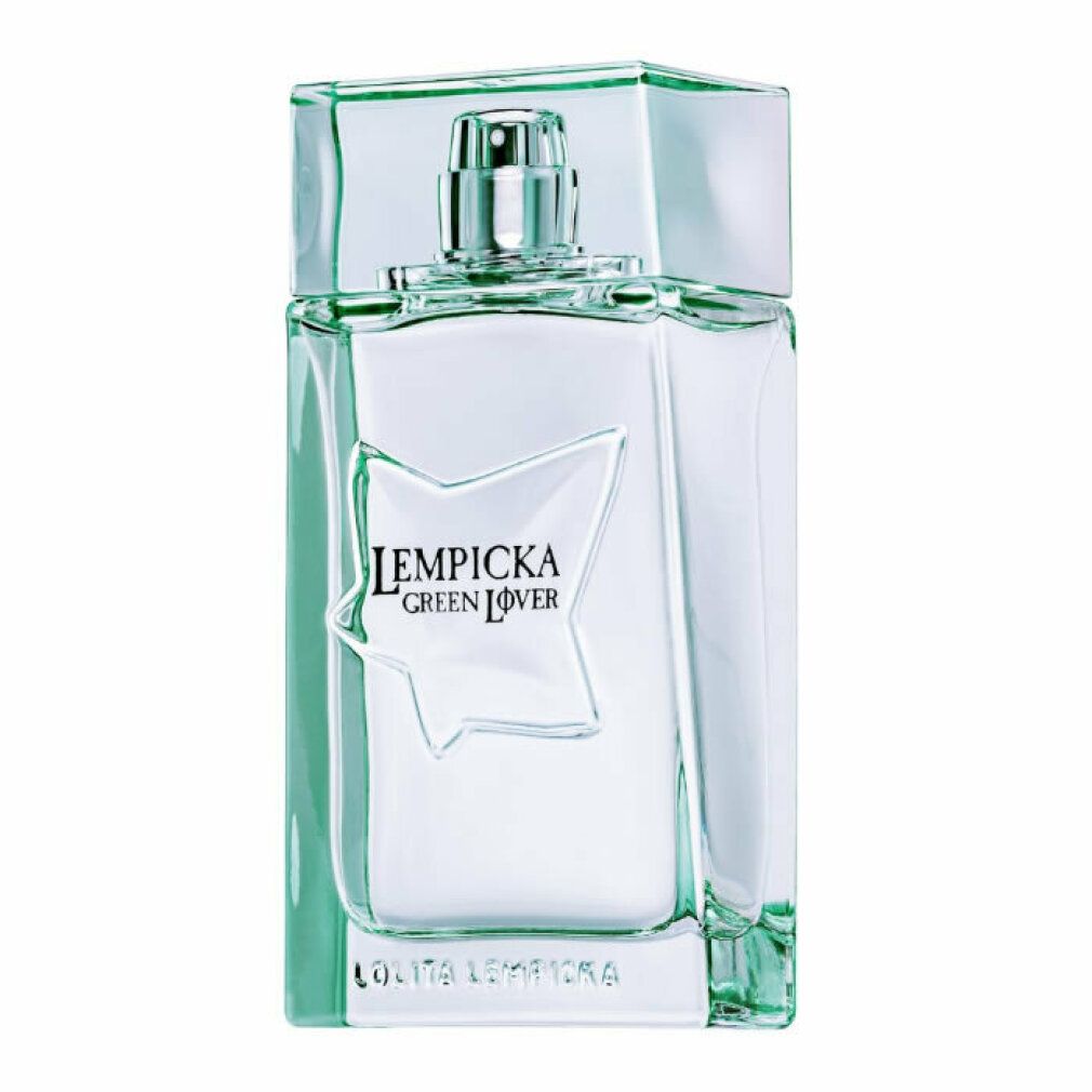Grüner Flakon mit silbernem Zerstäuber. Aufschrift: Lempicka Green Lover. Rechteckige Form mit Stern-Design.