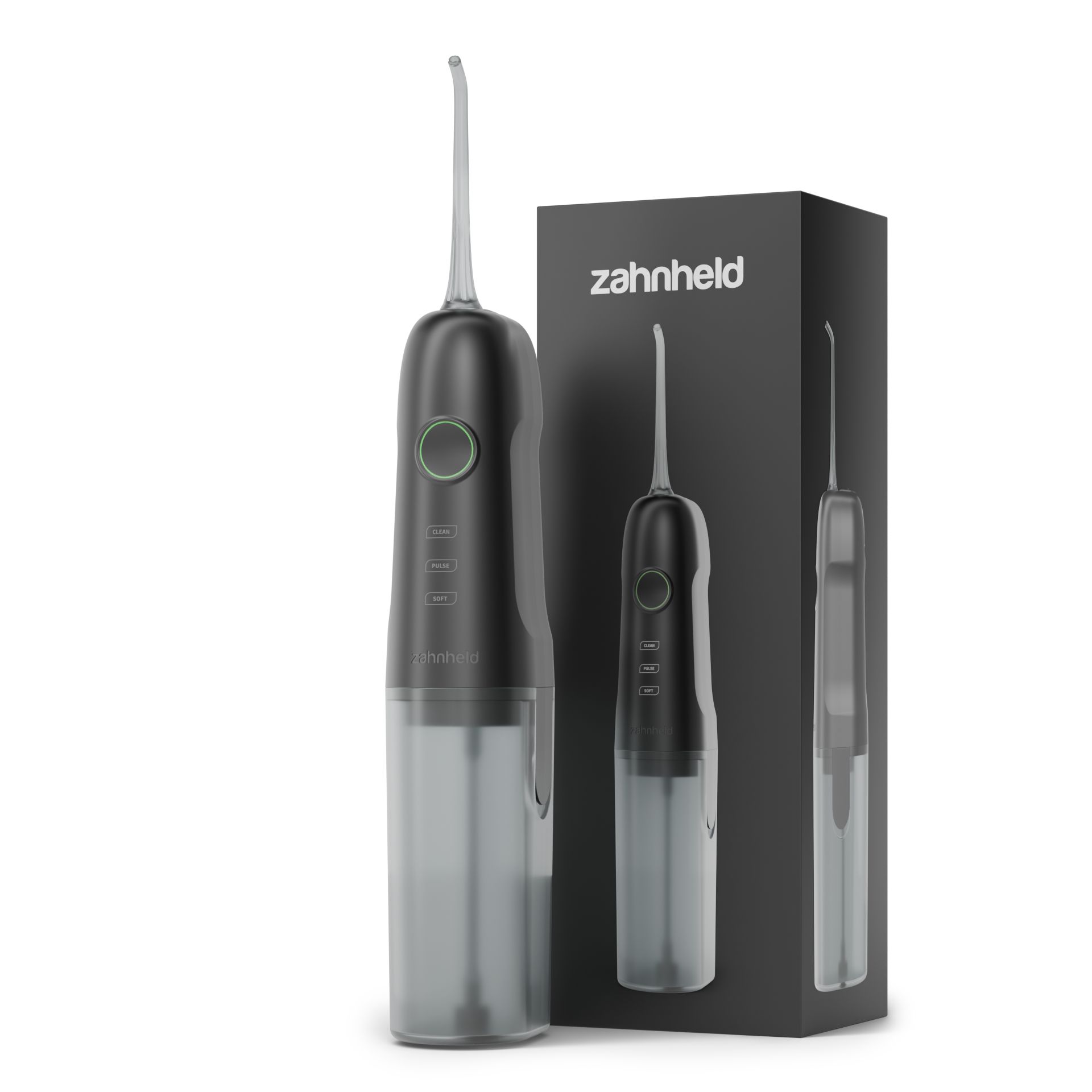 Elektrische Zahndusche und Verpackung. Schwarzes Gerät. Zahnheld Logo. Zwei Ansichten des Geräts.