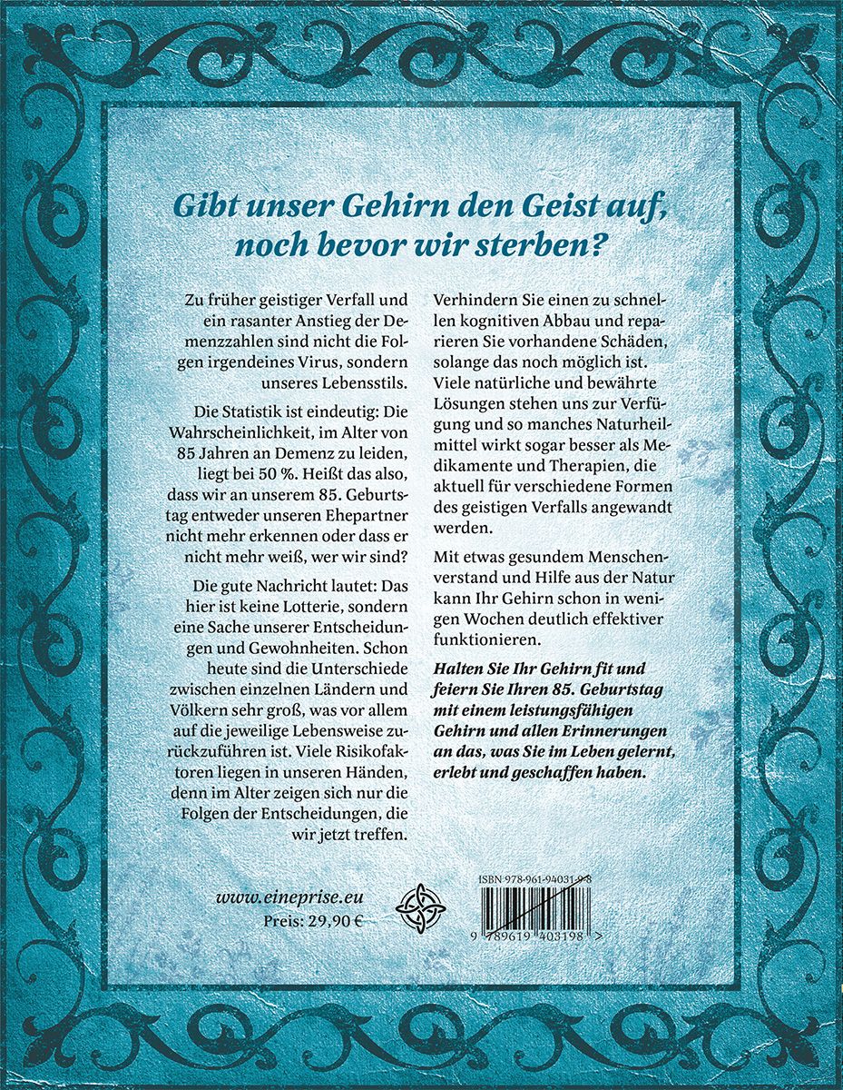 Buchrückseite mit Text. Titel: Gibt früher unser Gehirn auf, noch bevor wir sterben? Preis: 29,90 €.