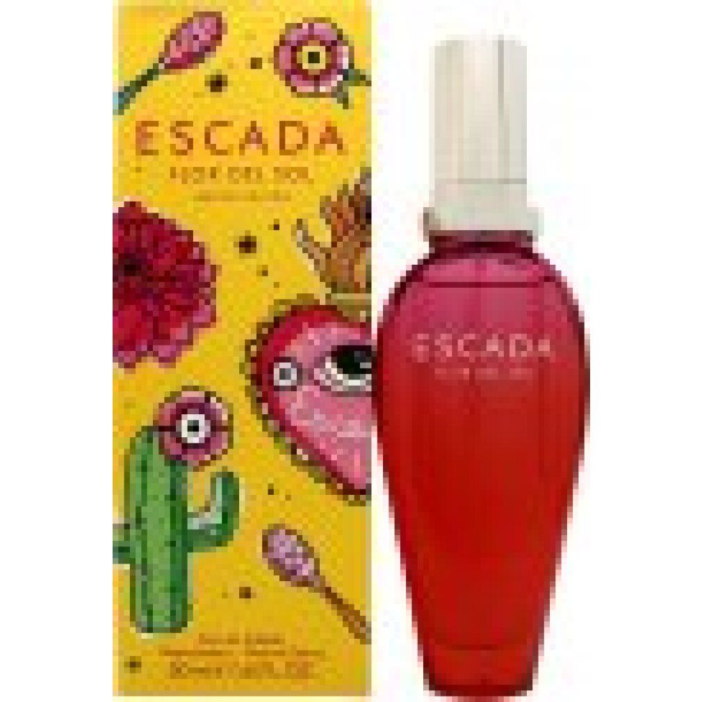Parfümflasche und Verpackung. Flasche mit rosa-roter Flüssigkeit. Aufschrift: Escada Flor Del Sol.