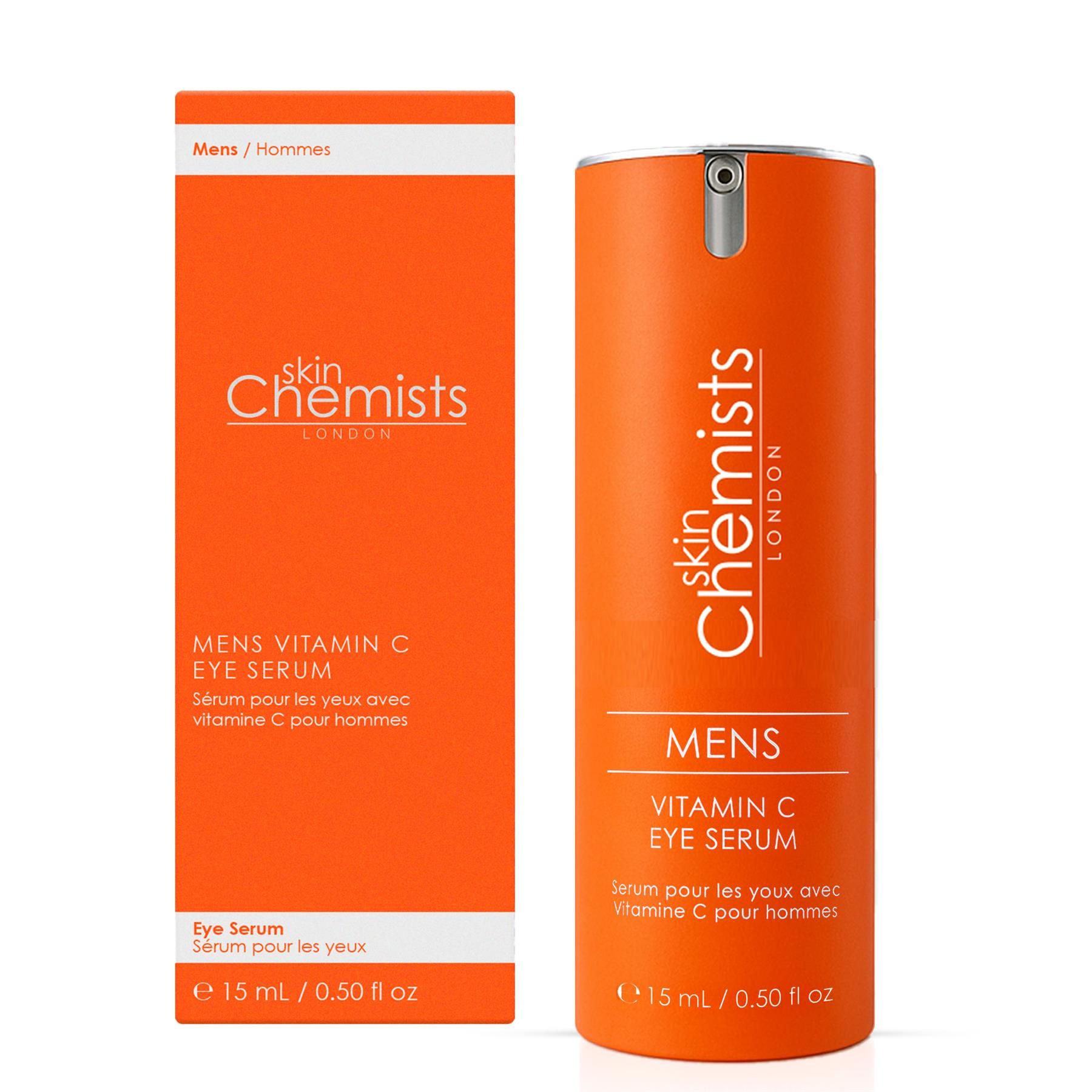SkinChemists Anti-Aging Augenserum für Männer in orangefarbener Verpackung und Flasche.