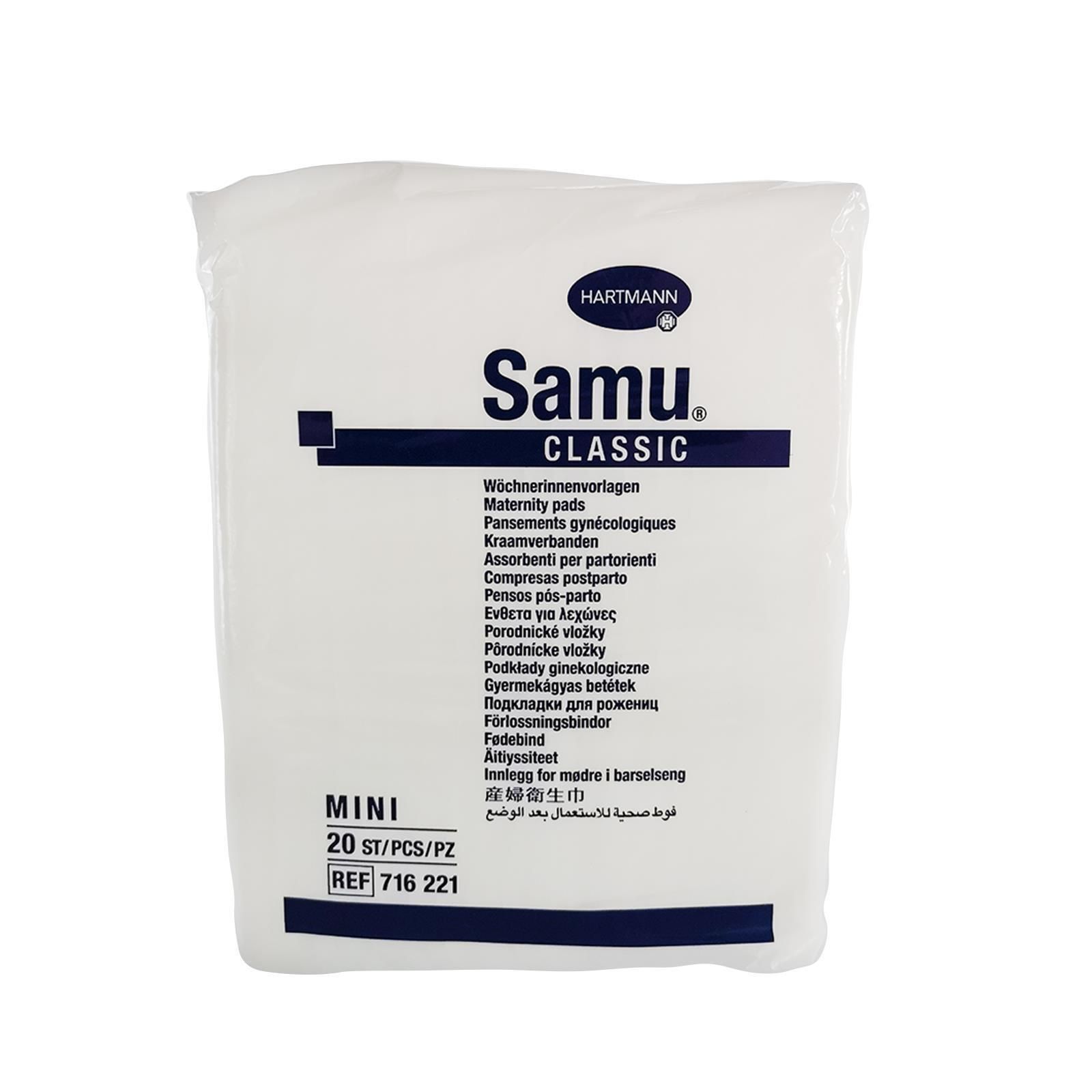 Hartmann Samu Classic Mini Packung. Weiße Verpackung mit Produktnamen und Text. 20 Stück.