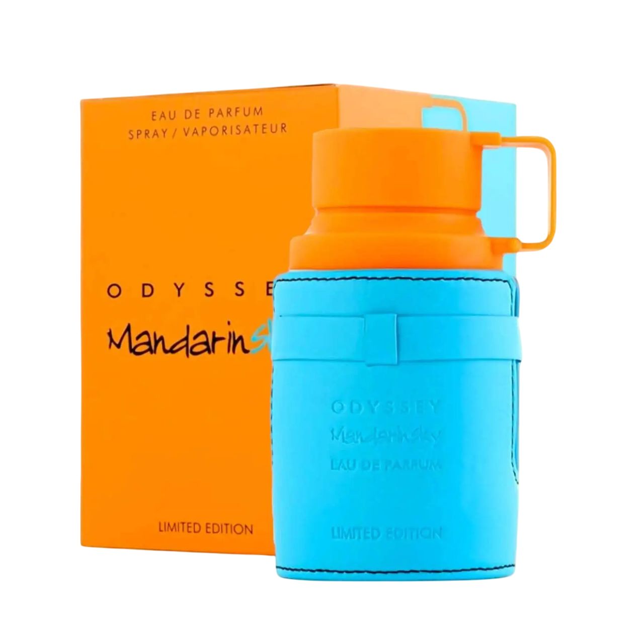 Hellblaues Eau de Parfum mit orangefarbenem Deckel und Griff. Auf der Verpackung steht "Odyssey Mandarin".