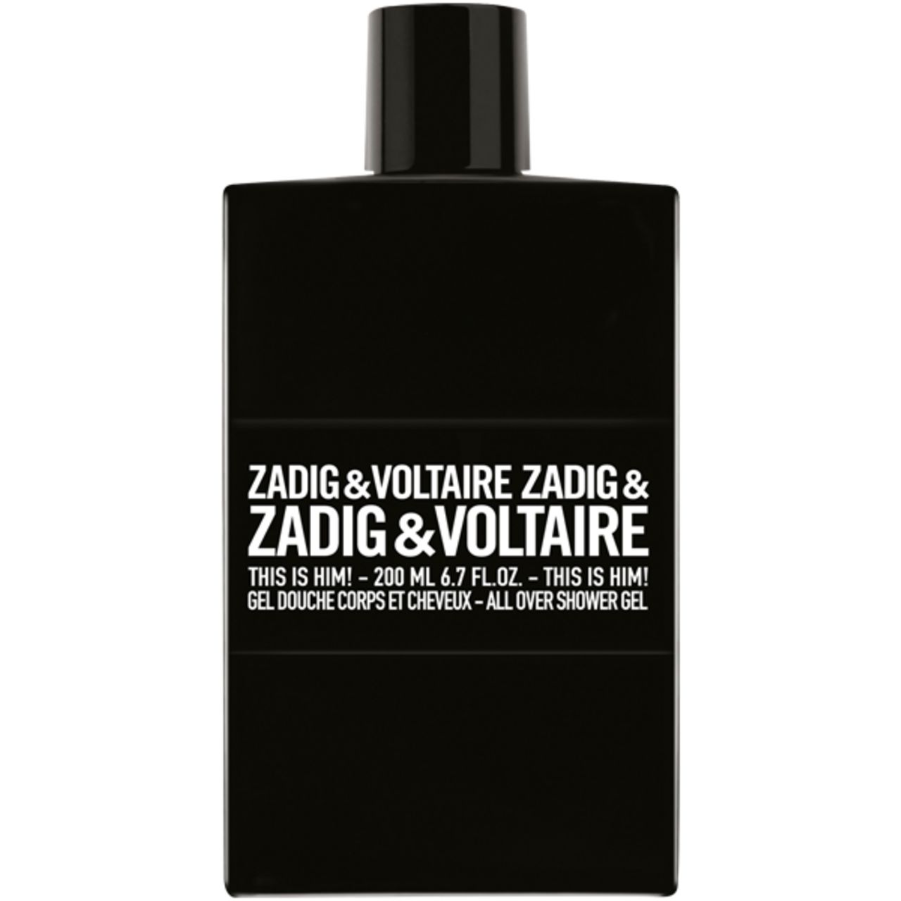 Schwarze Flasche mit weißem Etikett. Text: Zadig & Voltaire, This is Him! All Over Shower Gel.