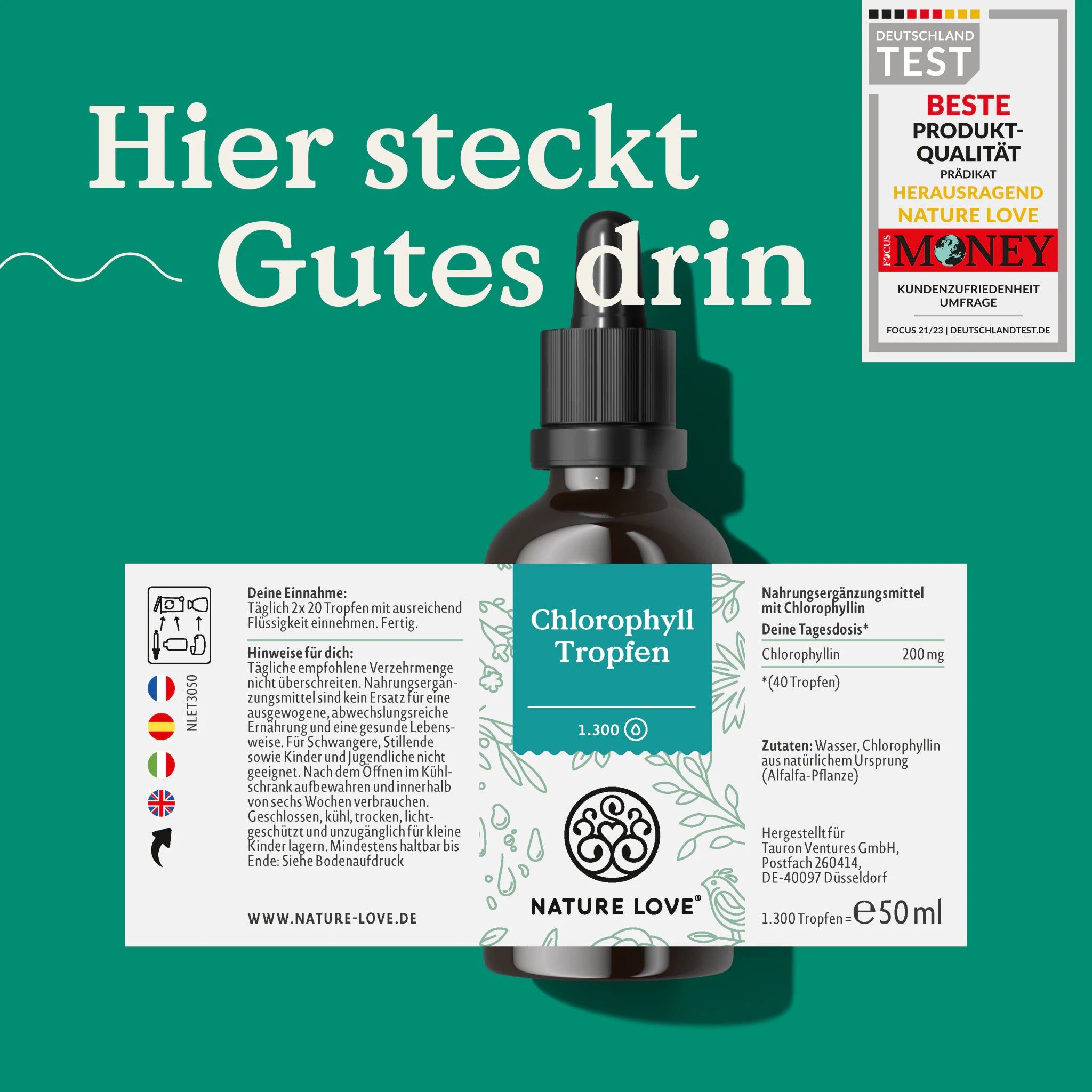 Produktflasche mit Etikett "Chlorophyll Tropfen". Text: "Hier steckt Gutes drin". Auszeichnungen und Logo NATURE LOVE®.