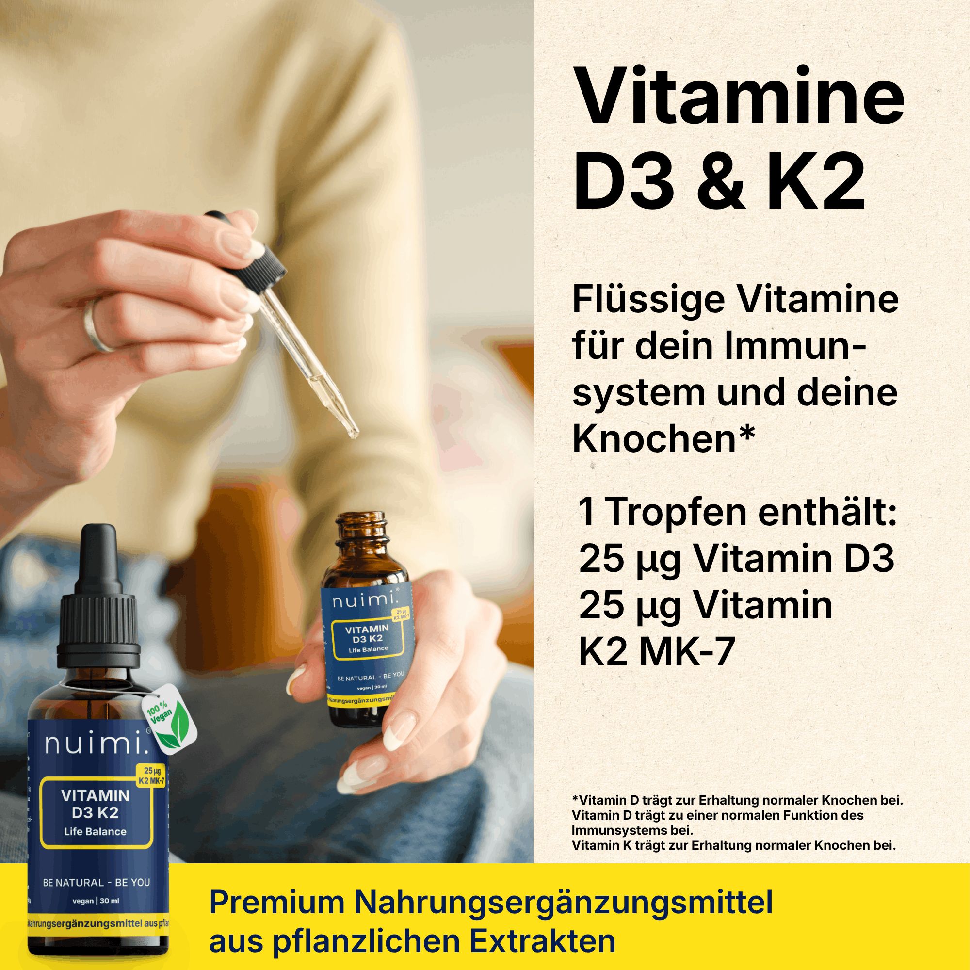 Braune Glasflasche mit Pipette, enthält nuimi Vitamin D3 K2 Life Balance Tropfen.