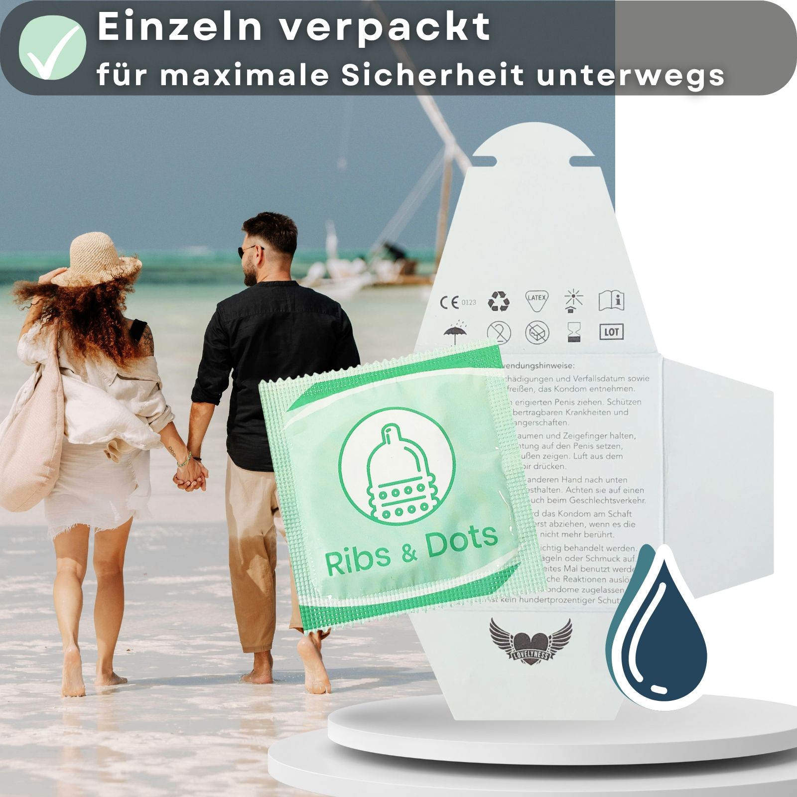 Kondomverpackung mit Aufdruck « Ribs & Dots ». Einzeln verpackt. Länge 190mm, Breite 52mm.