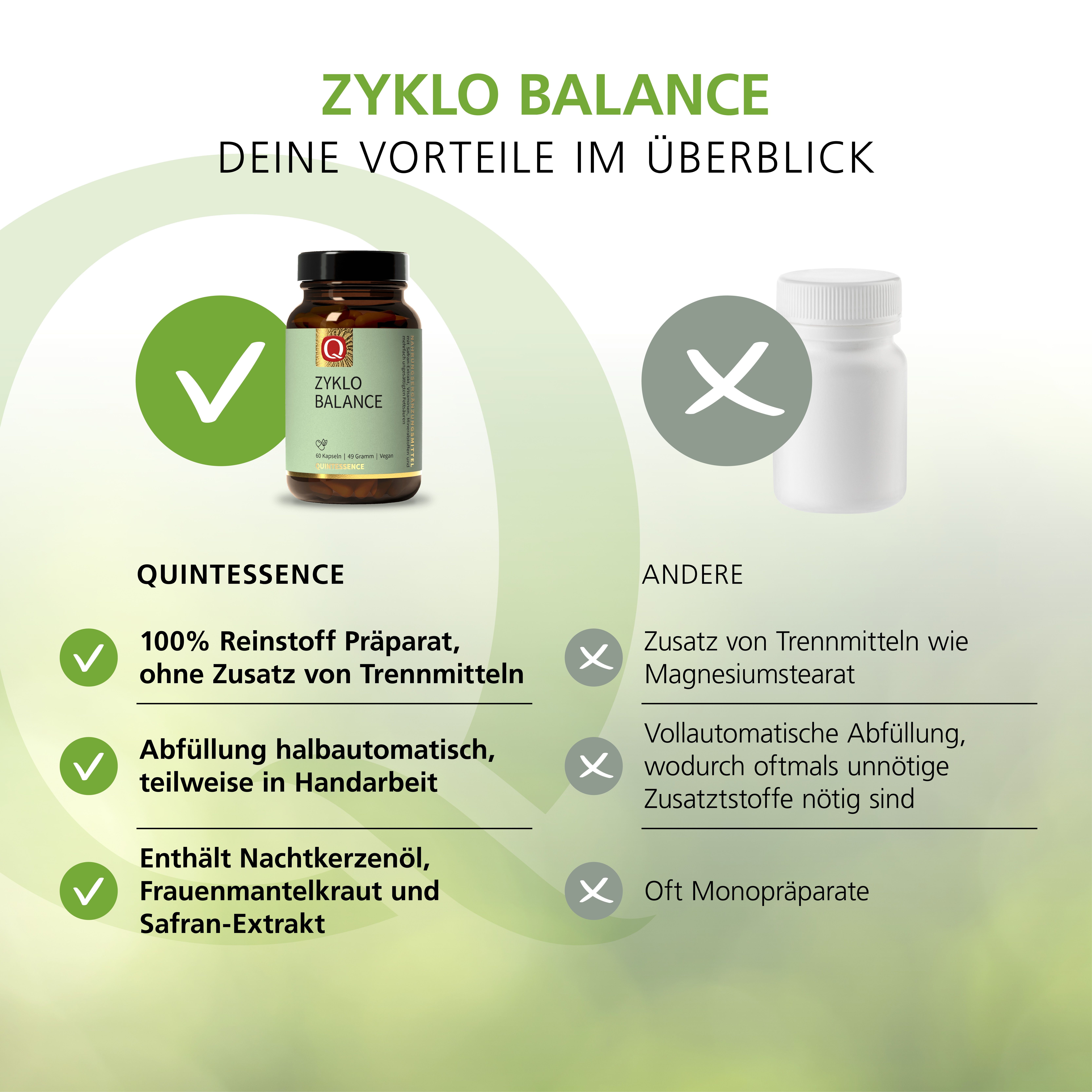 Vergleich von Quintessence-Produkt mit einem anderen. Vorteile: Reinheit, keine Zusatzstoffe, halbautomatische Abfüllung, Inhaltsstoffe.