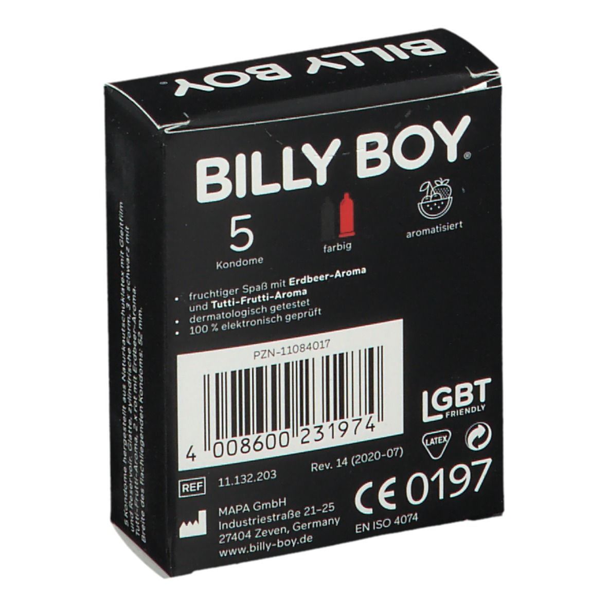 Schwarze Schachtel mit Kondomen. Aufschrift: BILLY BOY, 5 Kondome, farbig. Rückseite mit Barcode und Zertifizierungen.