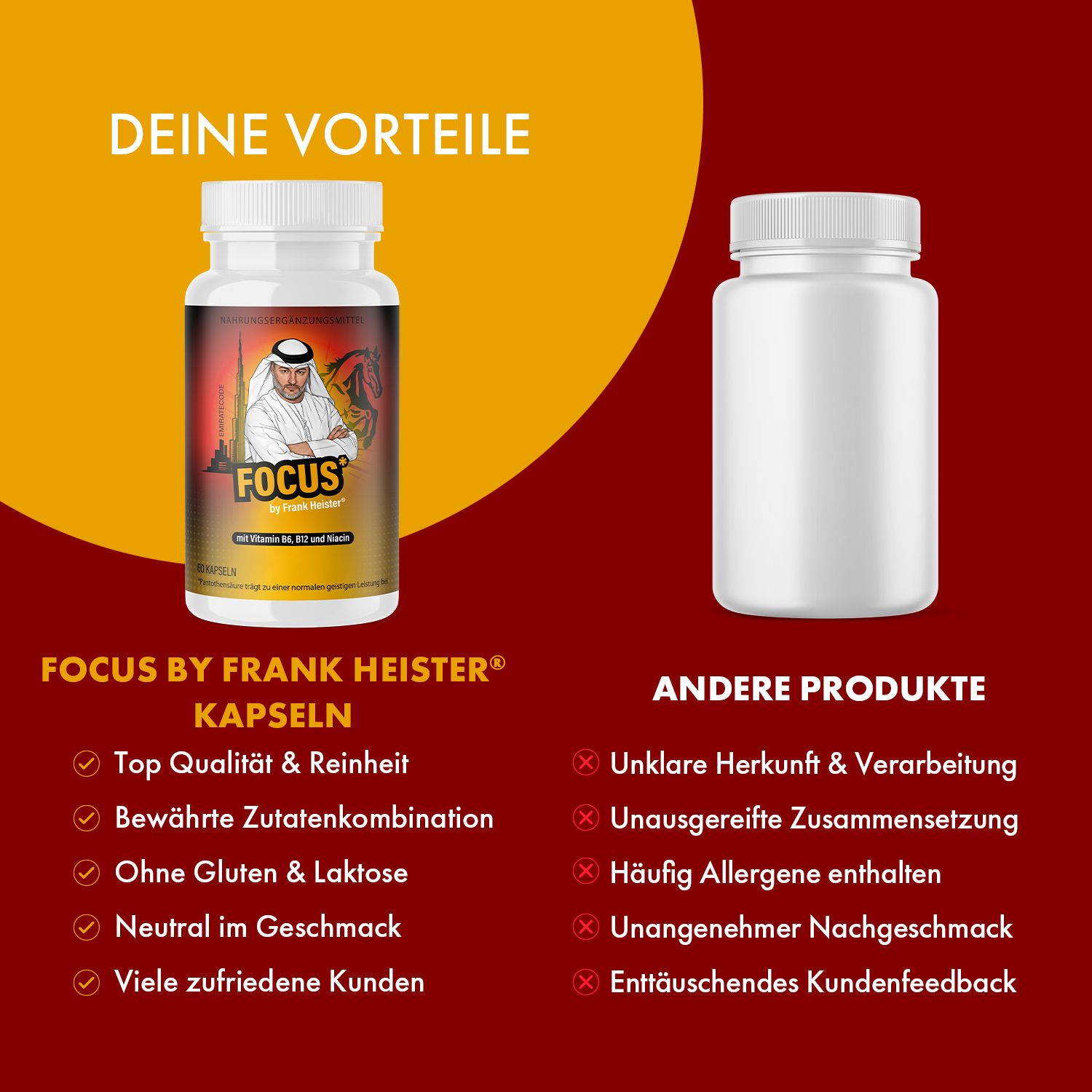 FOCUS by Frank Heister Kapseln-Flasche neben Texten. Vorteile: Top Qualität, bewährte Zutaten, ohne Gluten & Laktose, neutral im Geschmack. Andere Produkte: unklar.
