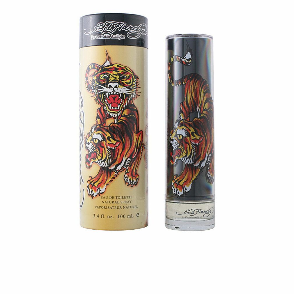 Ed Hardy Uomo Eau de Toilette Spray. Flakon und Verpackung mit Tiger-Design. Marke und Volumenangabe.