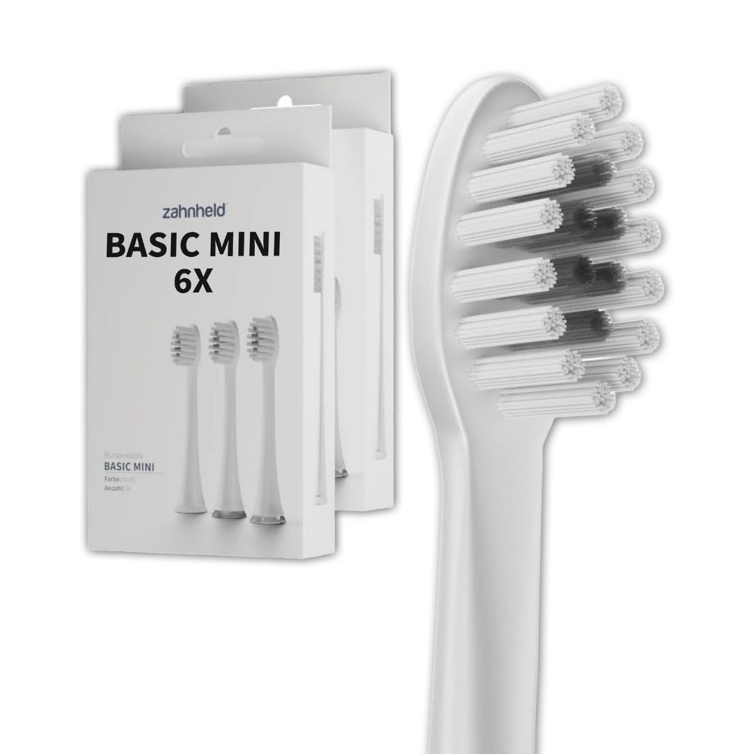 Zahnheld Basic Mini Bürstenköpfe (6 Stück) in weißer Verpackung.