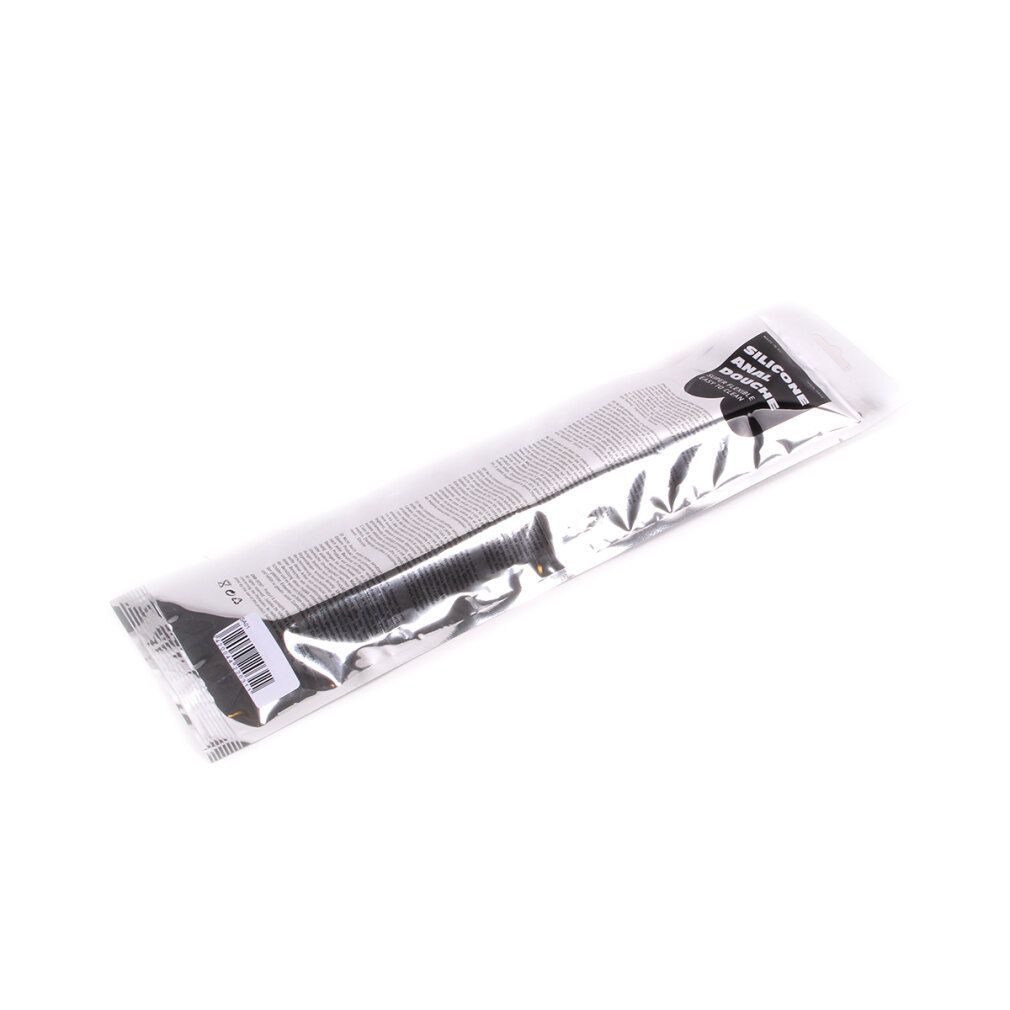 Verpackte schwarze Silikon-Anal-Douche. Produkt in transparenter Verpackung. Text und Barcode auf der Verpackung.