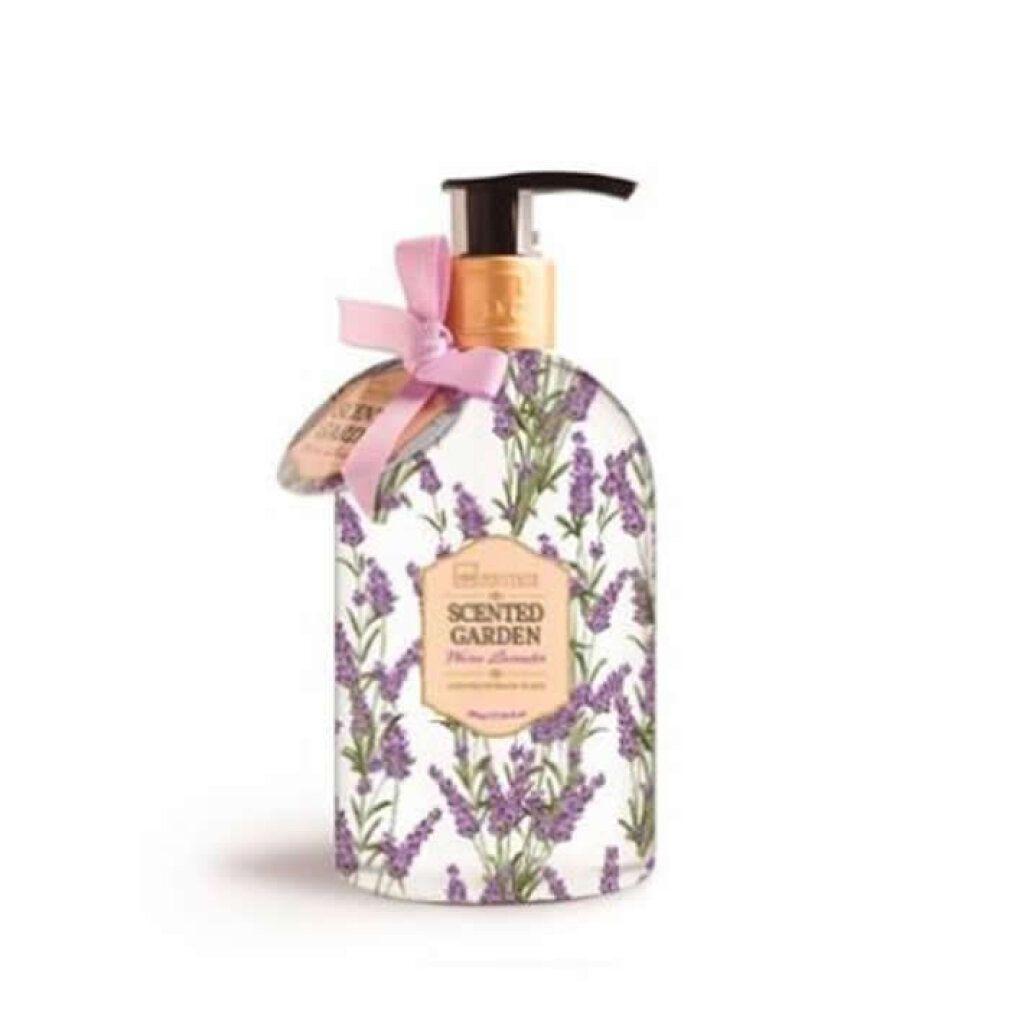 Flasche mit Lavendelmotiv und Pumpspender.