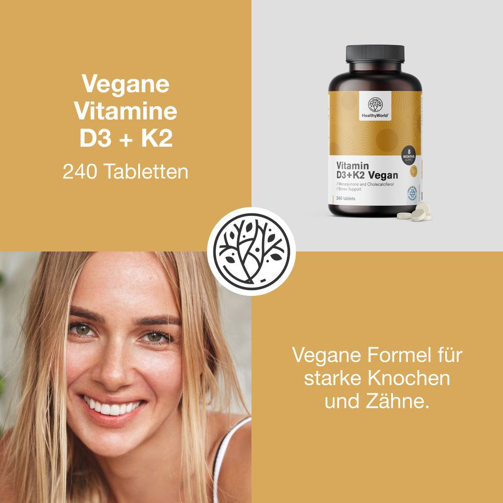 Komposition mit Frau, Flasche und Text. Flasche: Vitamin D3+K2 Vegan, 240 Tabletten. Marke: HealthyWorld. Text: Vegane Formel für starke Knochen und Zähne.