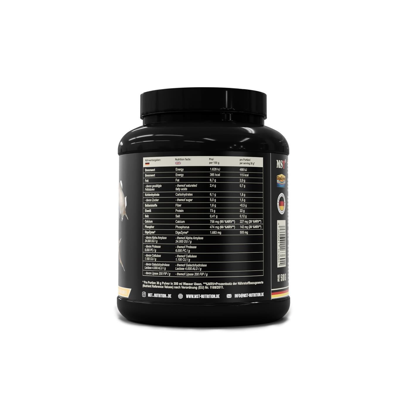 Rückseite der schwarzen Dose MST Best Whey Protein. Nährwertangaben und Inhaltsstoffe sind aufgedruckt.