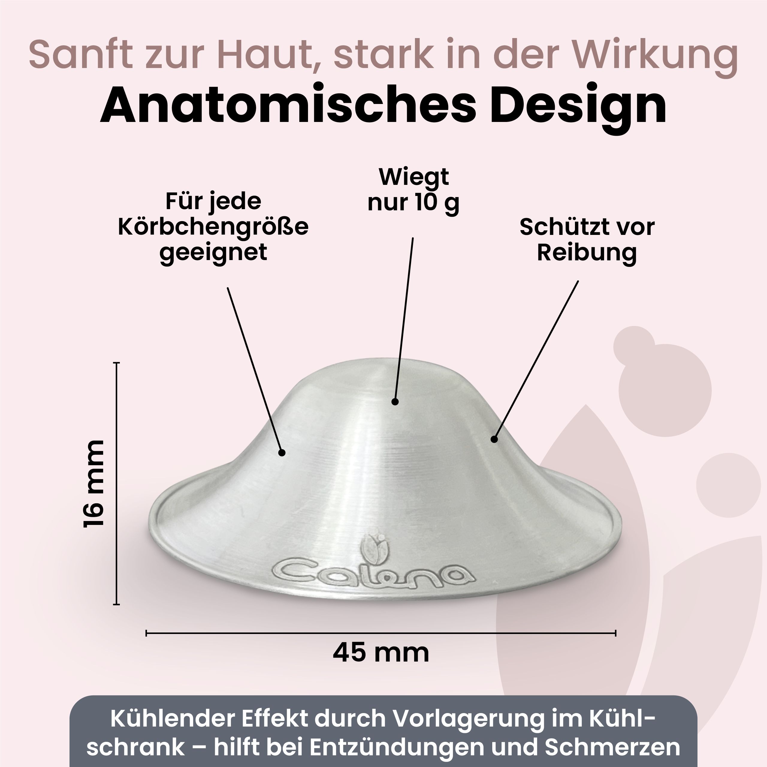 Silberhütchen, anatomisches Design. Maße: 45 mm Durchmesser, 16 mm hoch. Wiegt 10 g. Schützt vor Reibung. Marke: Calena.