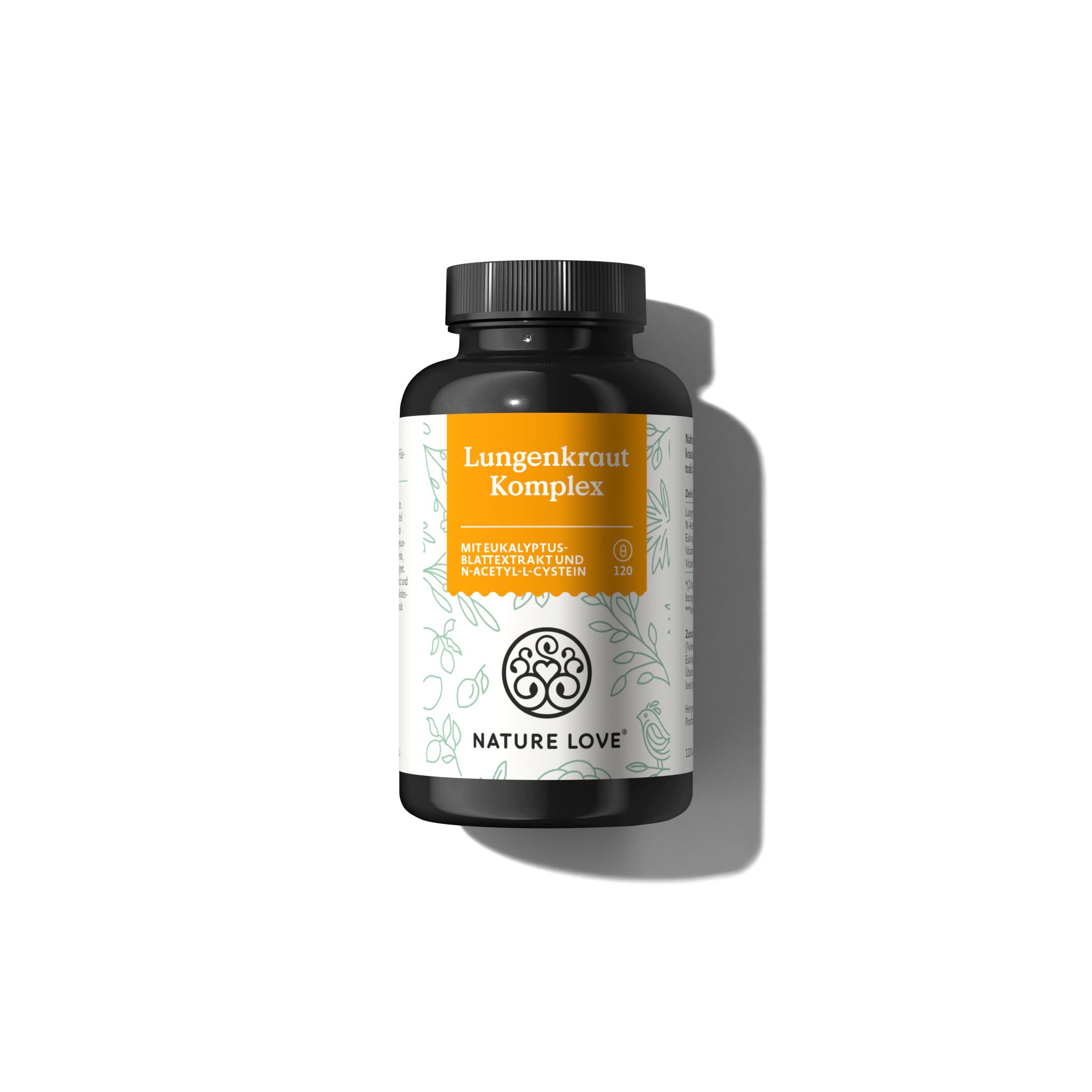 Braune Kapsel-Dose mit Etikett. Aufschrift: Lungenkraut Komplex, NATURE LOVE®. Orangefarbenes Feld mit Text.