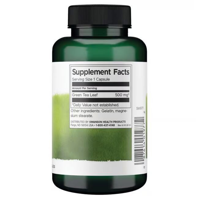 Rückseite der grünen Flasche mit Etikett. Enthält Nährwertangaben. 500 mg Grüntee-Blatt. Swanson Health Products.