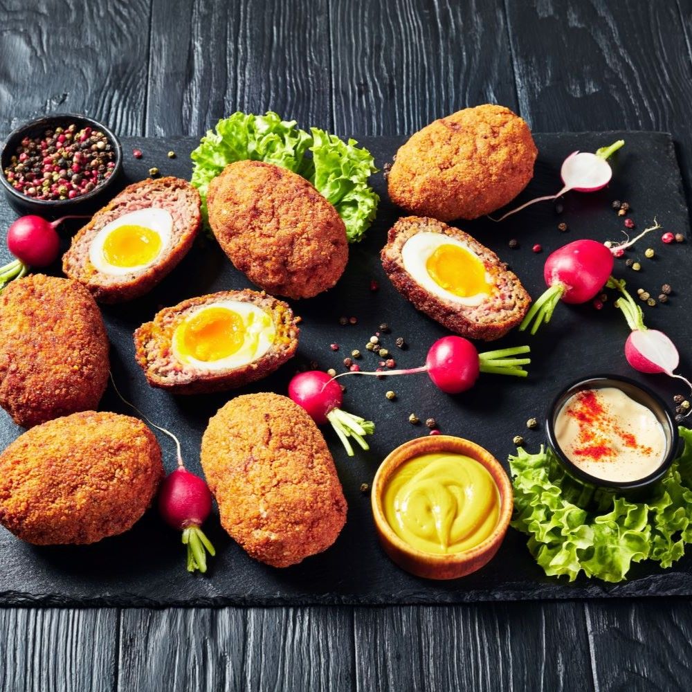 Scotch Eggs auf schwarzem Brett. Eier halbiert, mit Senf und Sauce. Radieschen und Salat als Deko.