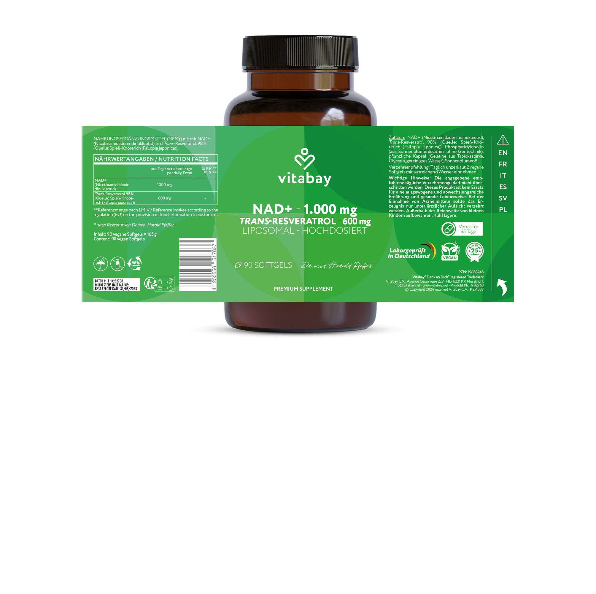 Produktflasche mit Etikett. Enthält Informationen zu Inhaltsstoffen und Nährwerten. Vitabay NAD+ 1000 mg.