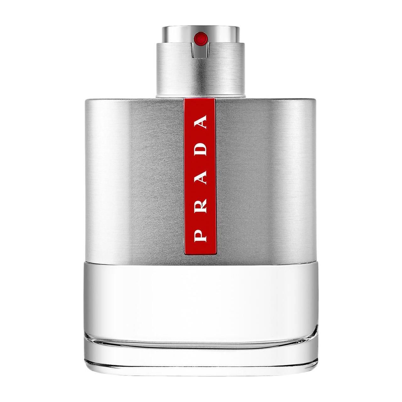 Prada Luna Rossa Eau de Toilette Flakon. Silberfarbenes Gehäuse mit rotem Prada-Streifen. Transparenter Glasbehälter.