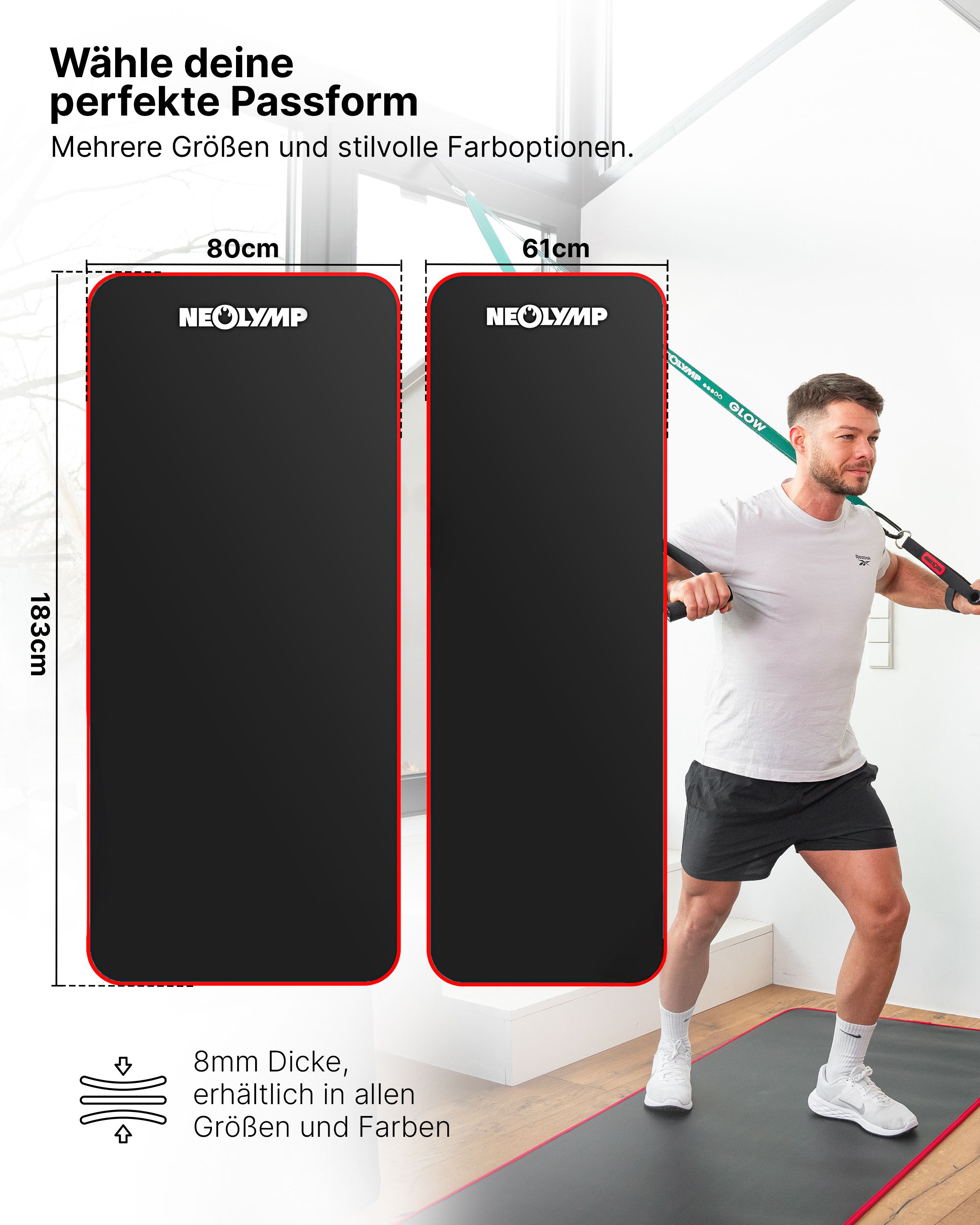 Fitnessmatten-Größenvergleich: 183x80cm und 183x61cm, schwarz mit roter Umrandung. 8mm dick. Mann trainiert mit Bändern.